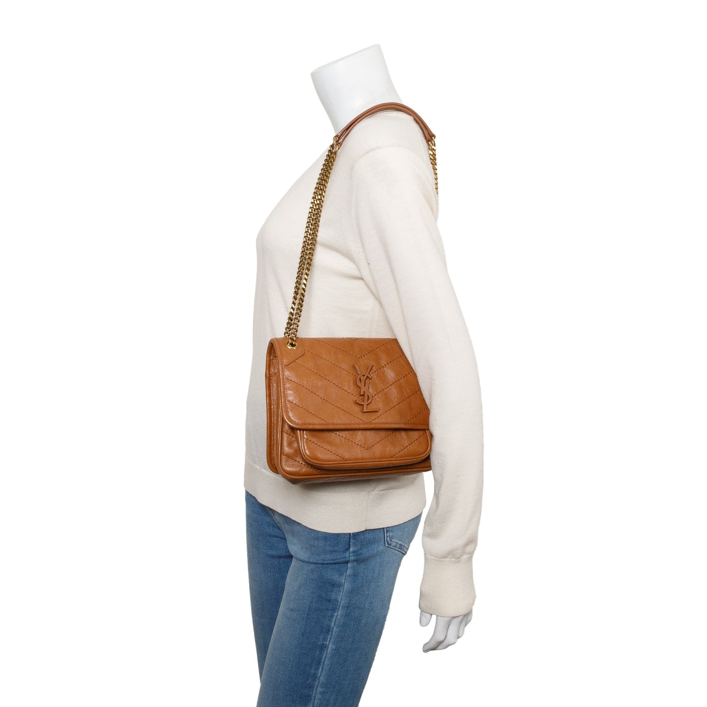 YSL Saint Laurent Crinkled Calfskin Baby Niki Shoulder Bag Leather Brown