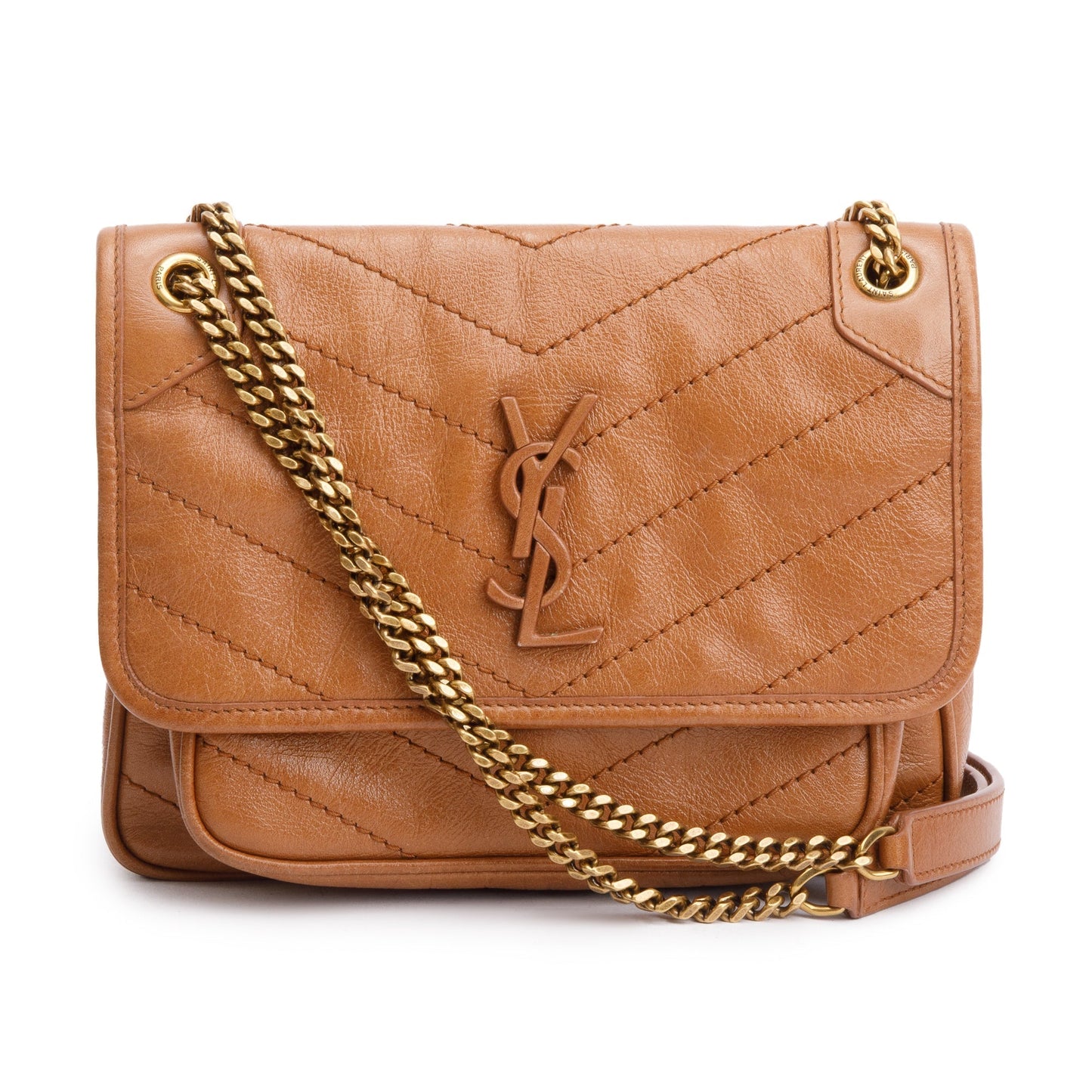 YSL Saint Laurent Crinkled Calfskin Baby Niki Shoulder Bag Leather Brown