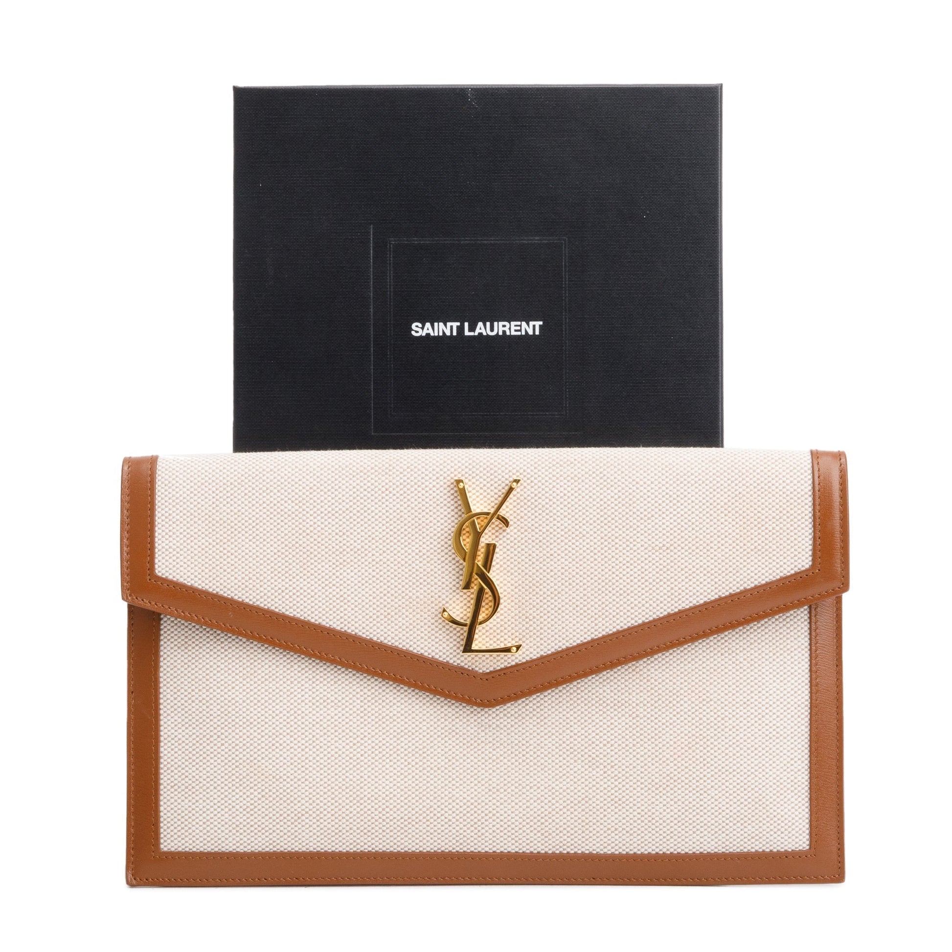 YSL Saint Laurent Neutral Smooth Uptown Pouch Travel Bag Leather Canvas