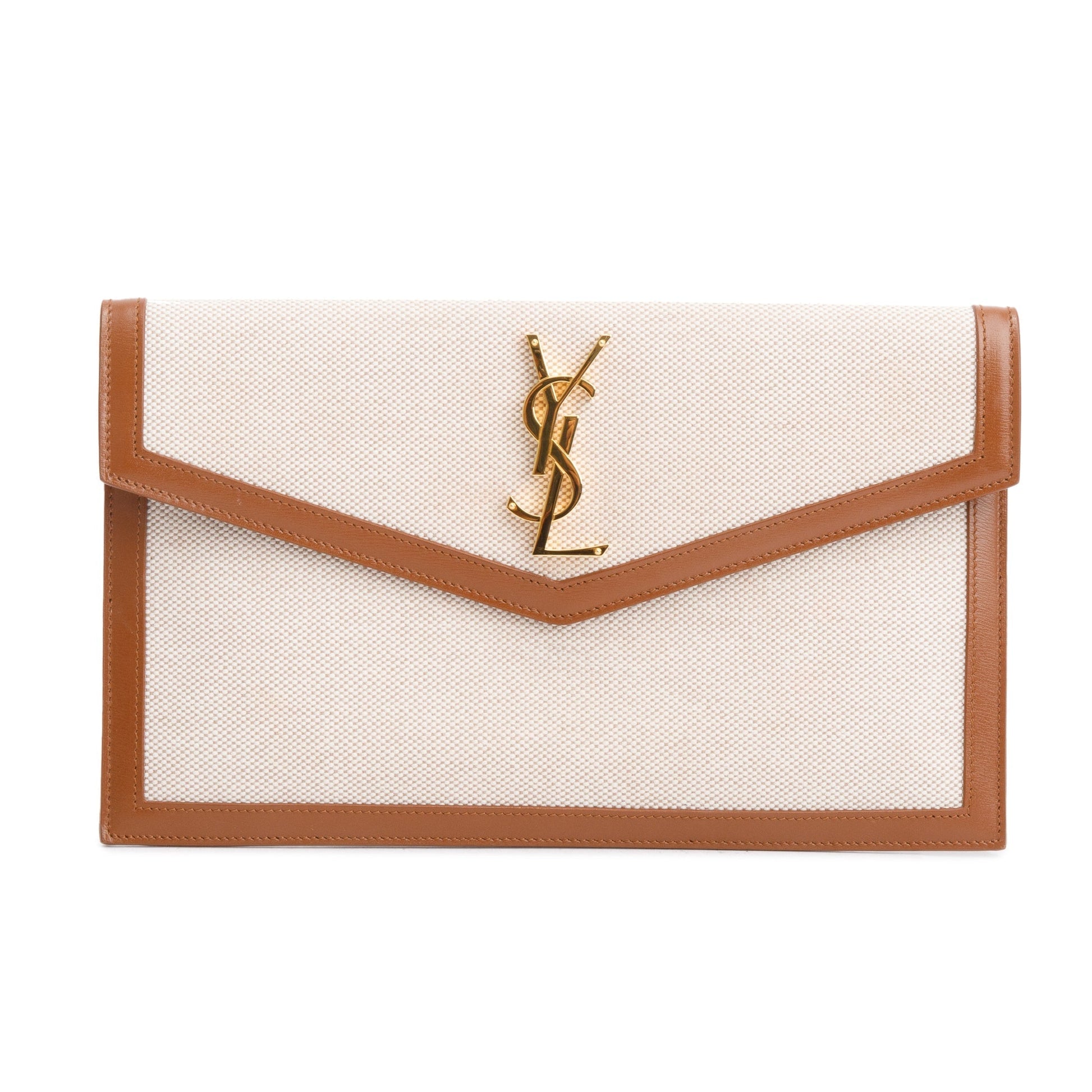 YSL Saint Laurent Neutral Smooth Uptown Pouch Travel Bag Leather Canvas