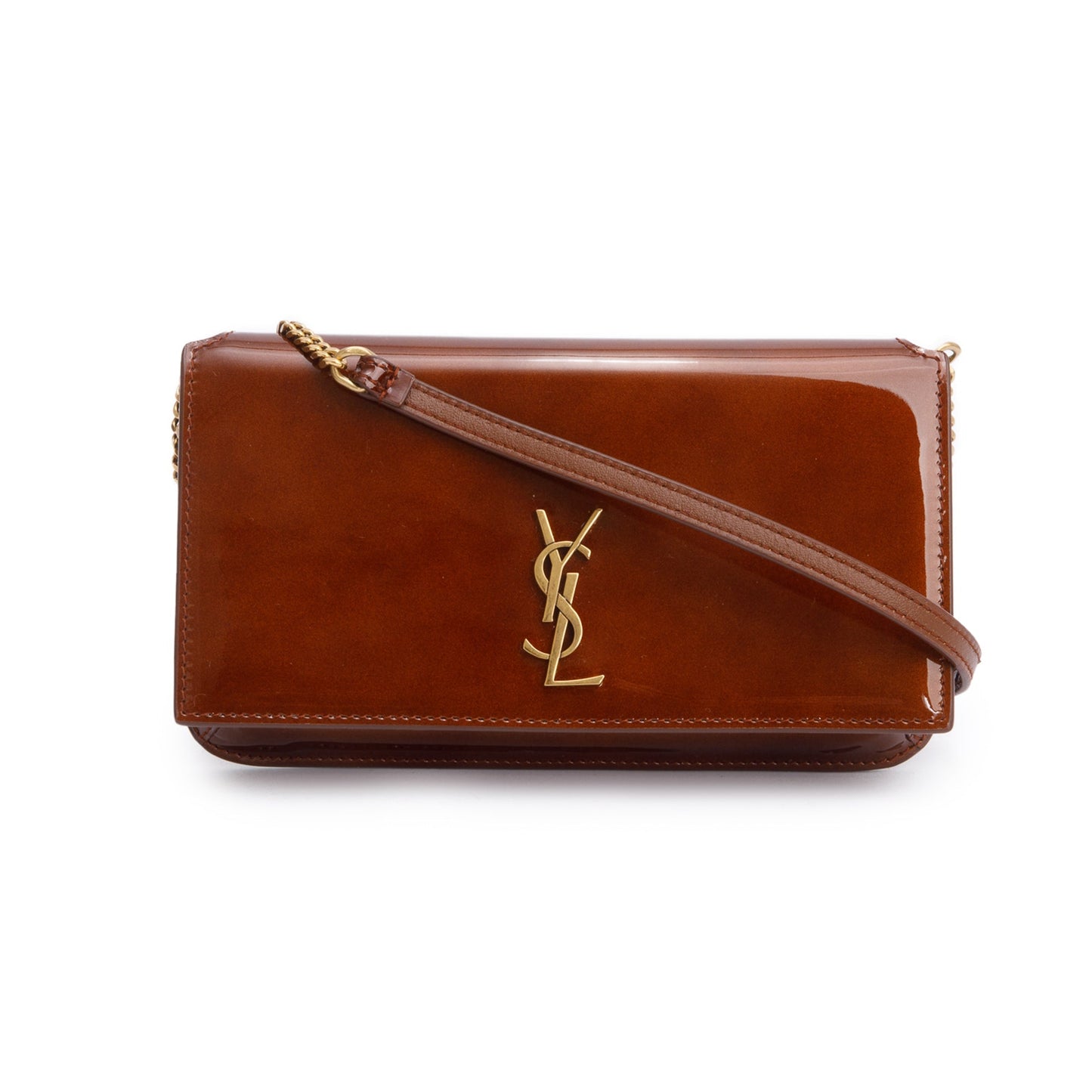 YSL Saint Laurent Patent Cassandre Phone Holder Travel Bag Leather Brown