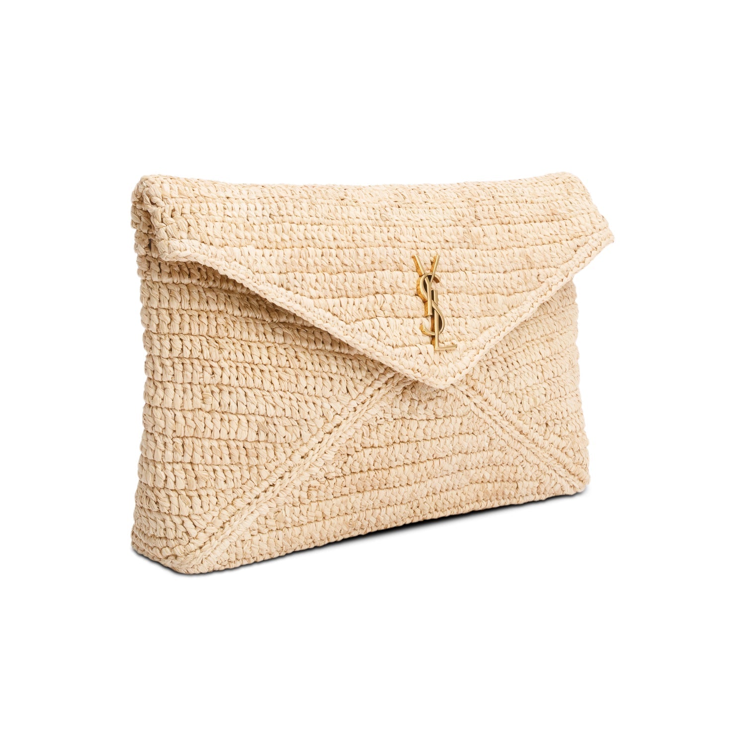 YSL Saint Laurent Neutral Cassandre Envelope Pouch Travel Bag Raffia Large