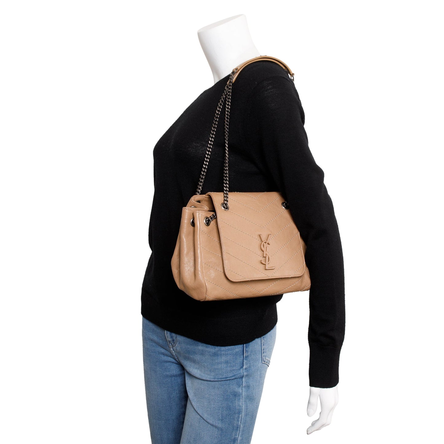 YSL Saint Laurent Calfskin Chevron Nolita Shoulder Bag Monogram Beige