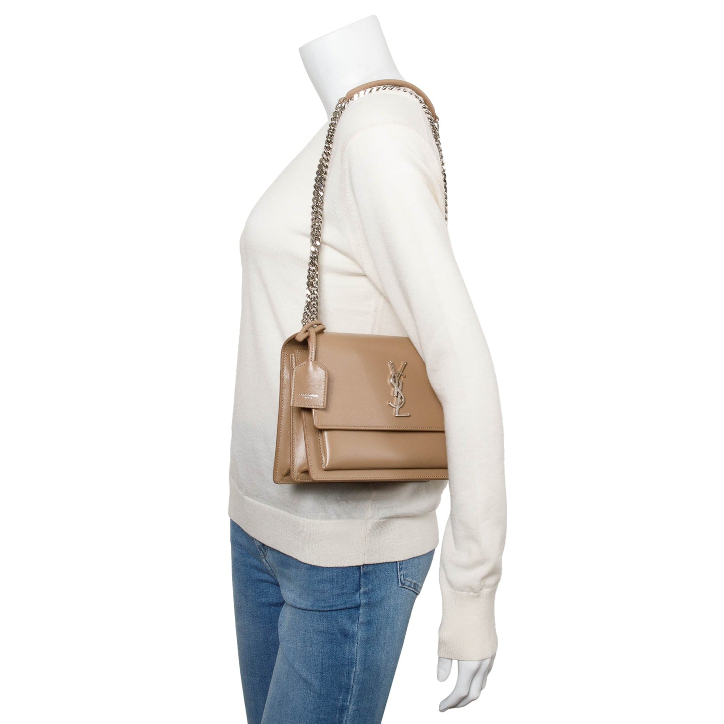 YSL Saint Laurent Calfskin Sunset Shoulder Bag Leather Beige
