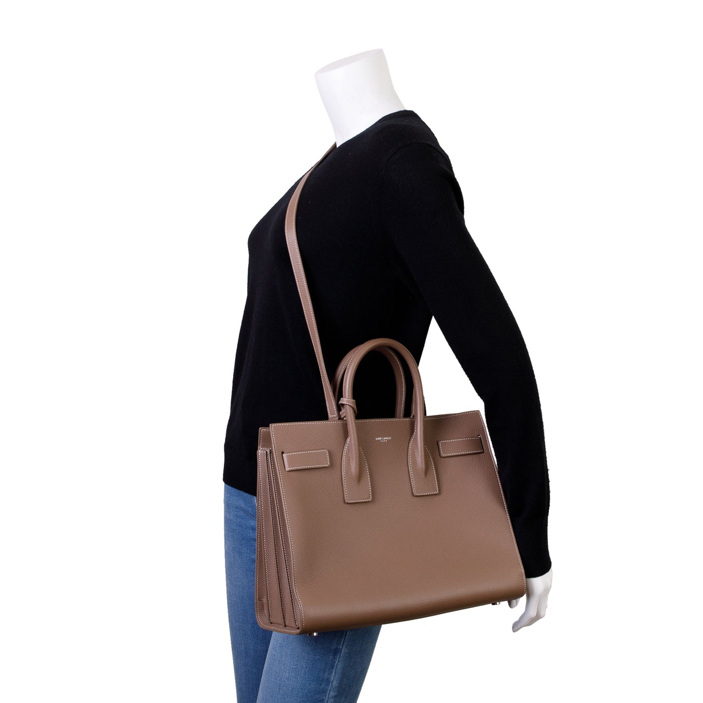 YSL Saint Laurent Grained Sac De Jour Travel Bag Leather Beige