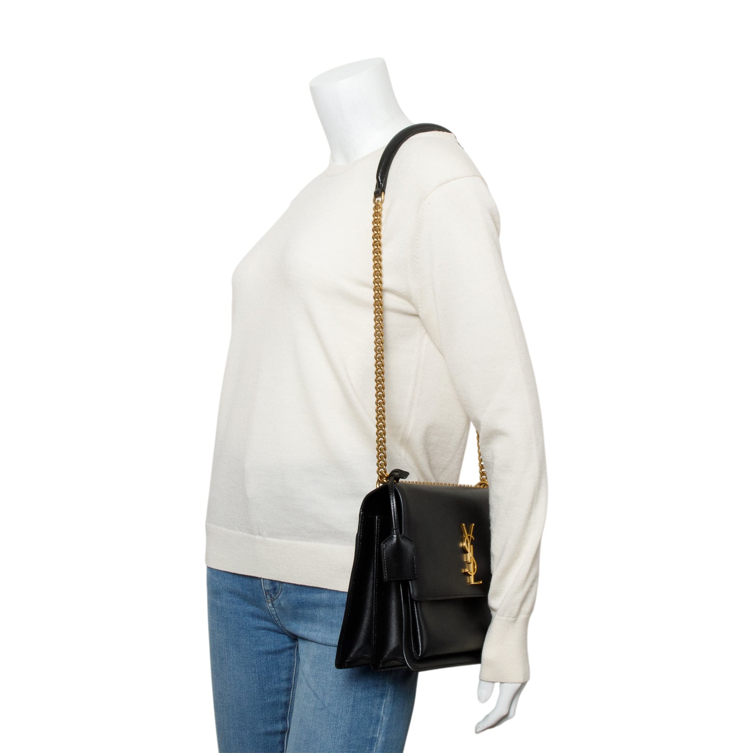 YSL Saint Laurent Calfskin Sunset Shoulder Bag Leather Black
