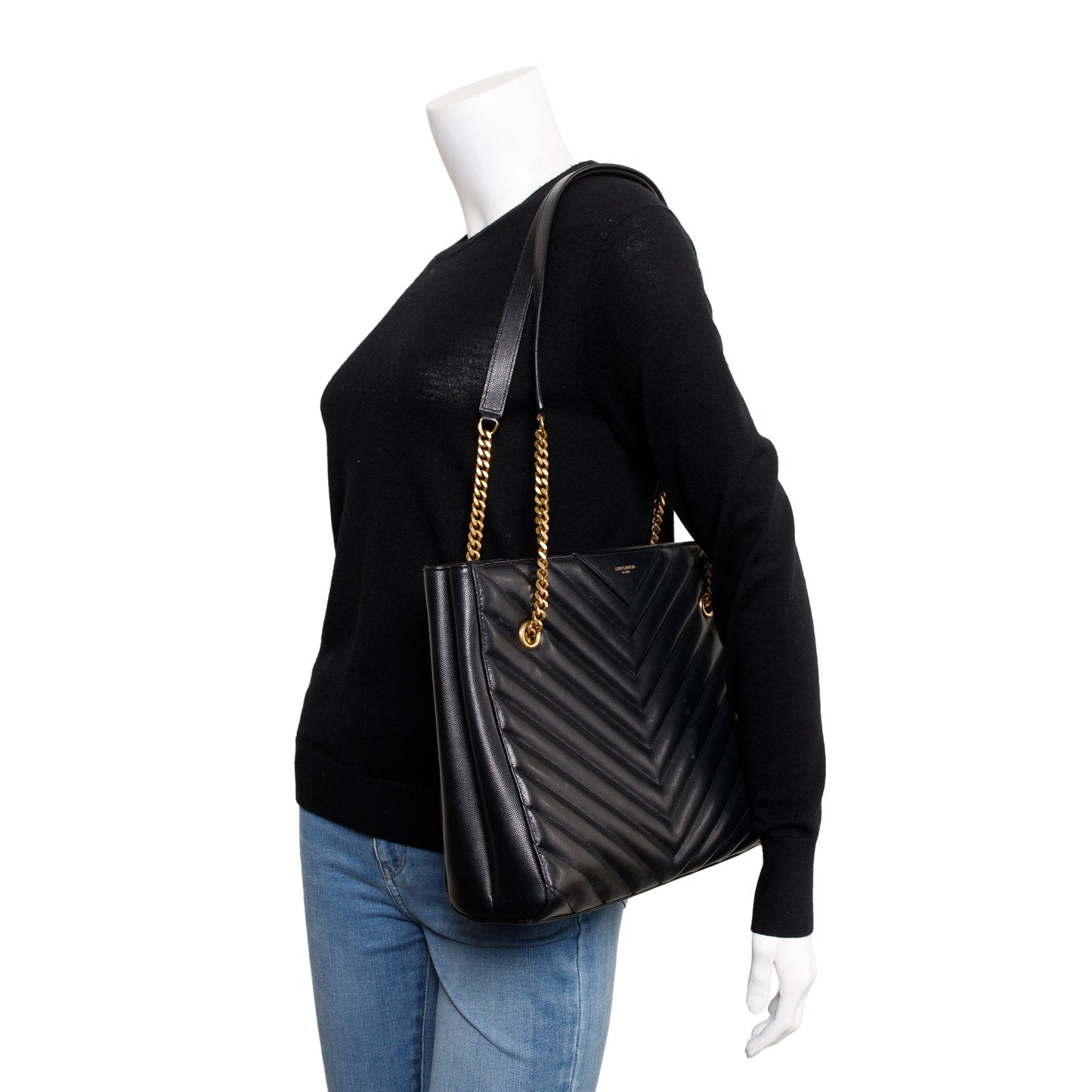 YSL Saint Laurent Chevron Calfskin Tribeca Shopping Tote Leather Black Tote Bag