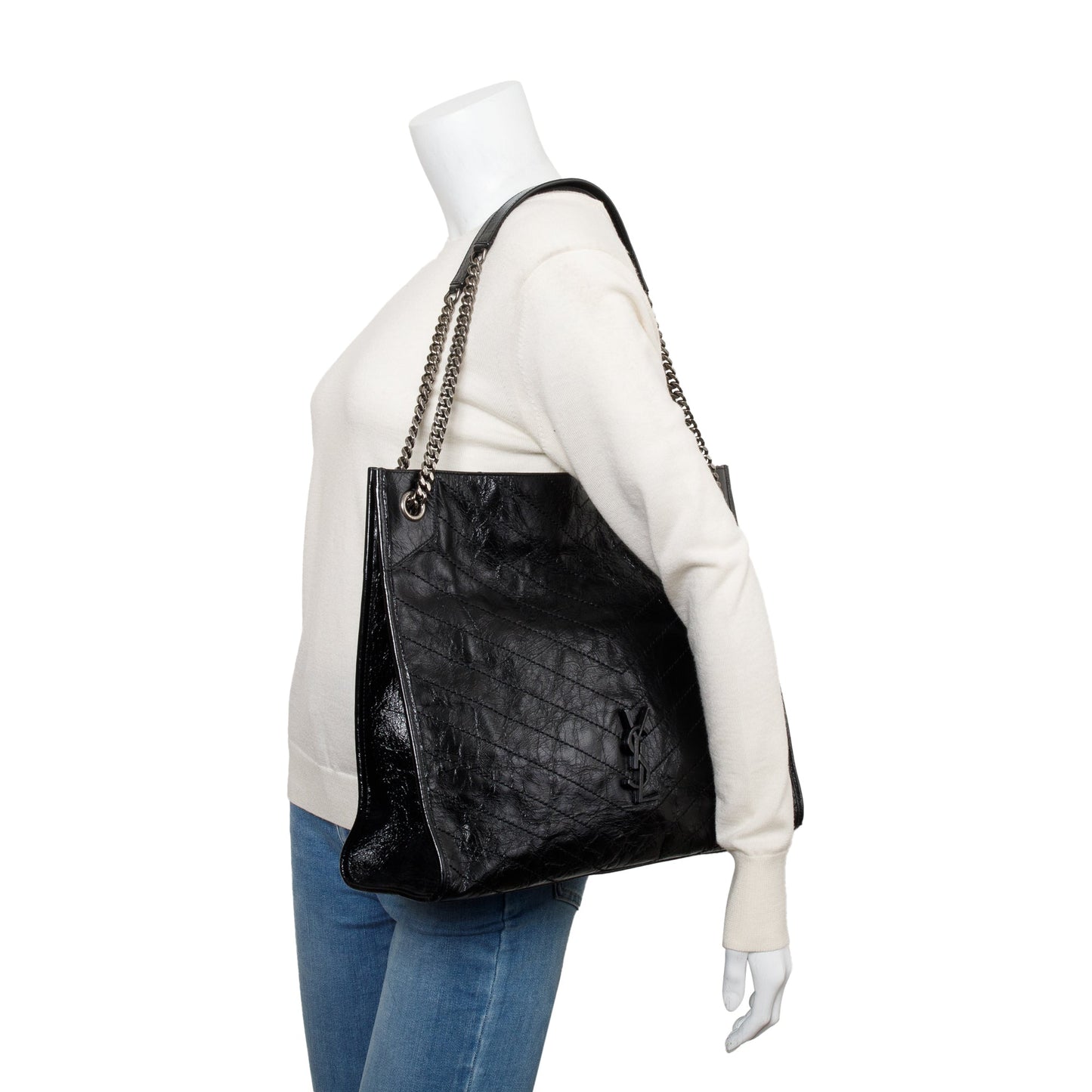 YSL Saint Laurent Crinkled Niki Tote Bag Leather Black
