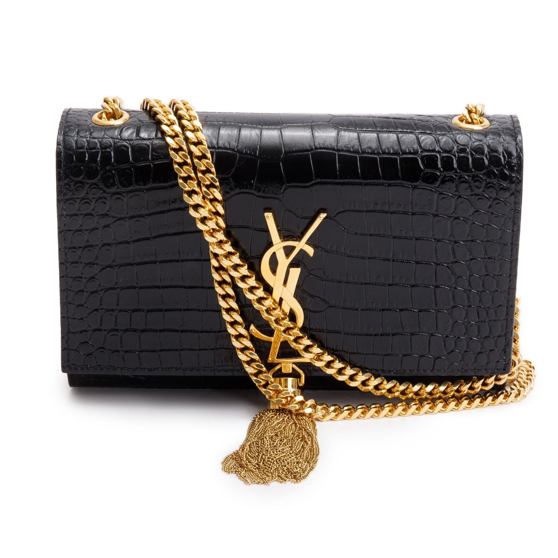 YSL Saint Laurent Croc Embossed Kate Tassel Bag Leather Black Travel Bag