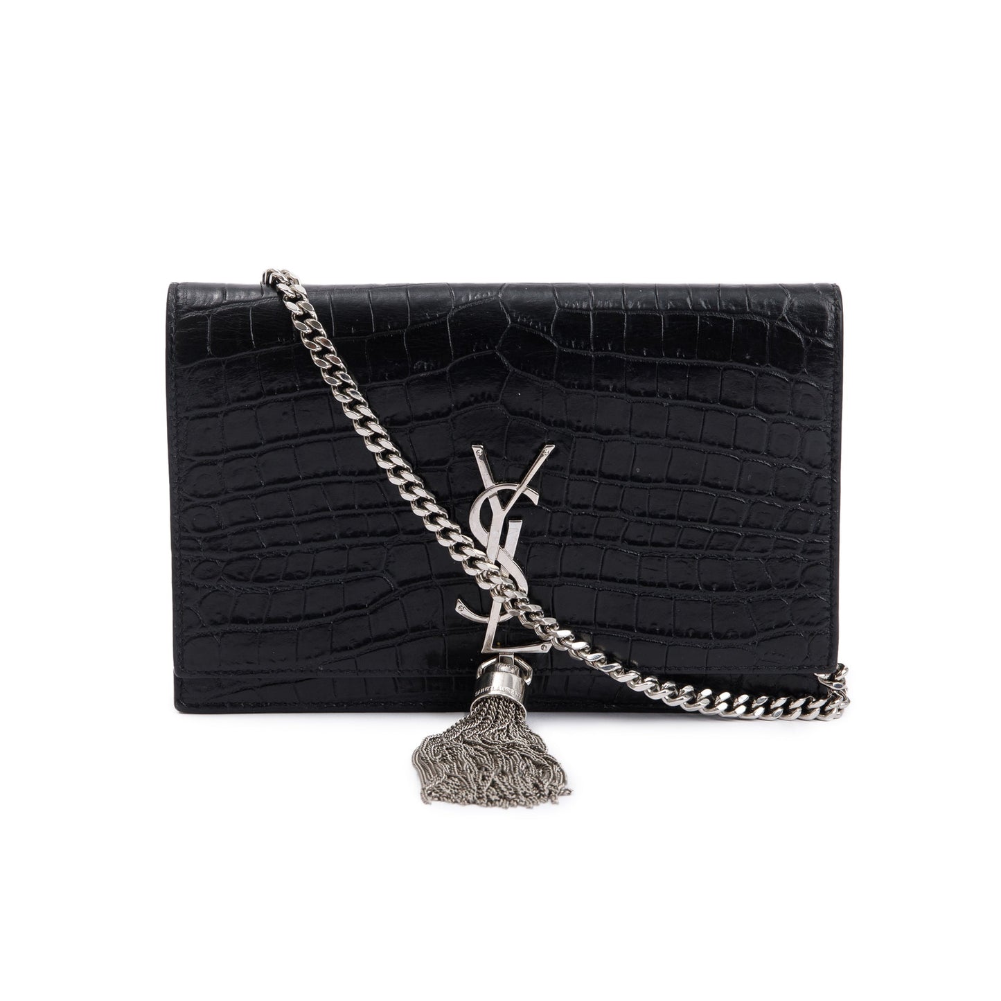 YSL Saint Laurent Croc Embossed Kate Tassel Chain Bag Leather Black Travel Bag