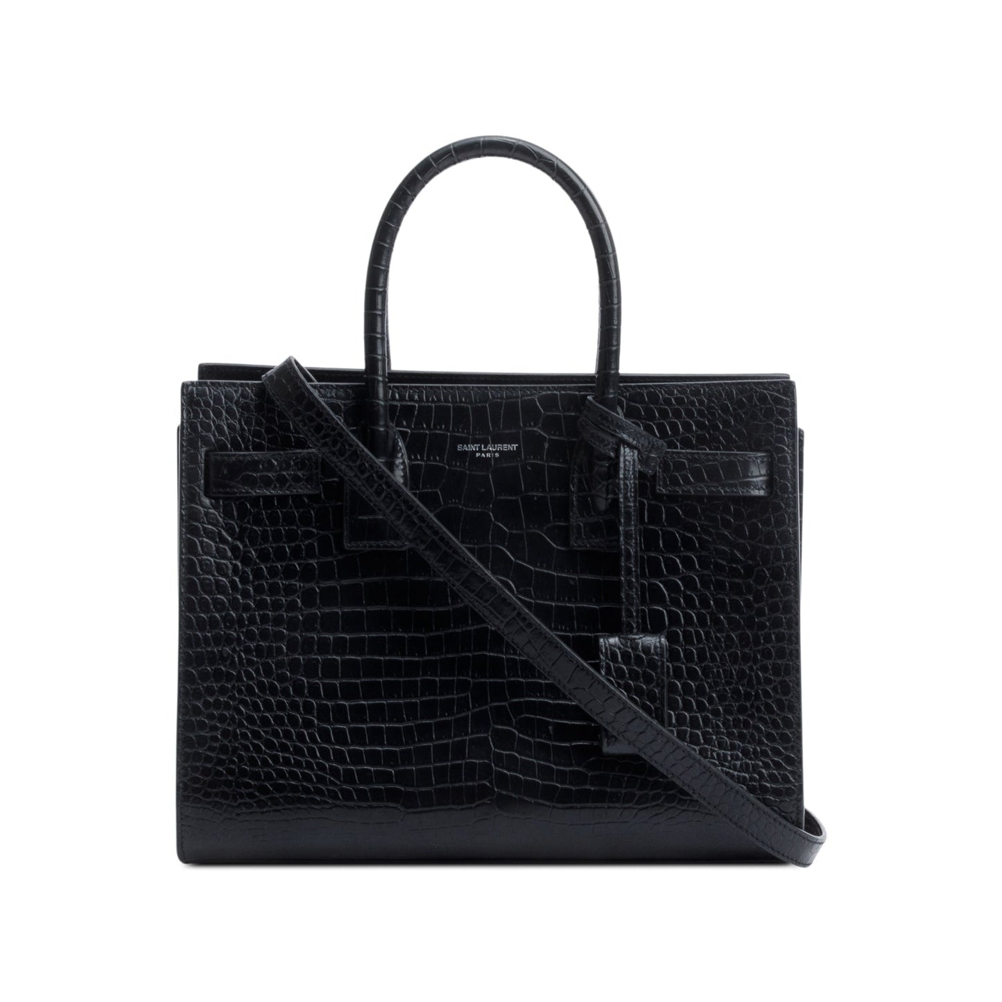 YSL Saint Laurent Crocodile Embossed Baby Sac De Jour Travel Leather Black Travel Bag