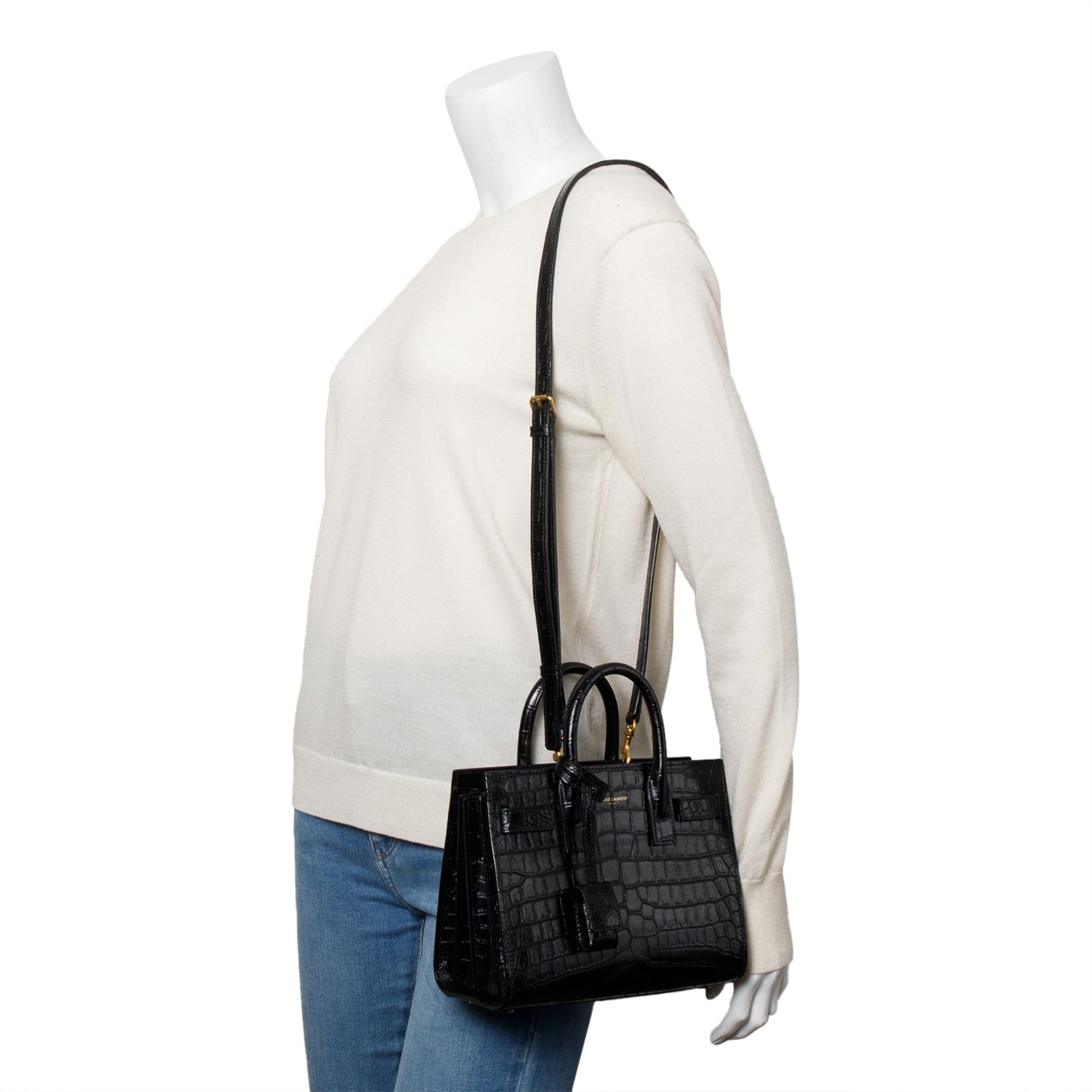 YSL Saint Laurent Crocodile Embossed Nano Sac De Jour Travel Leather Black Travel Bag