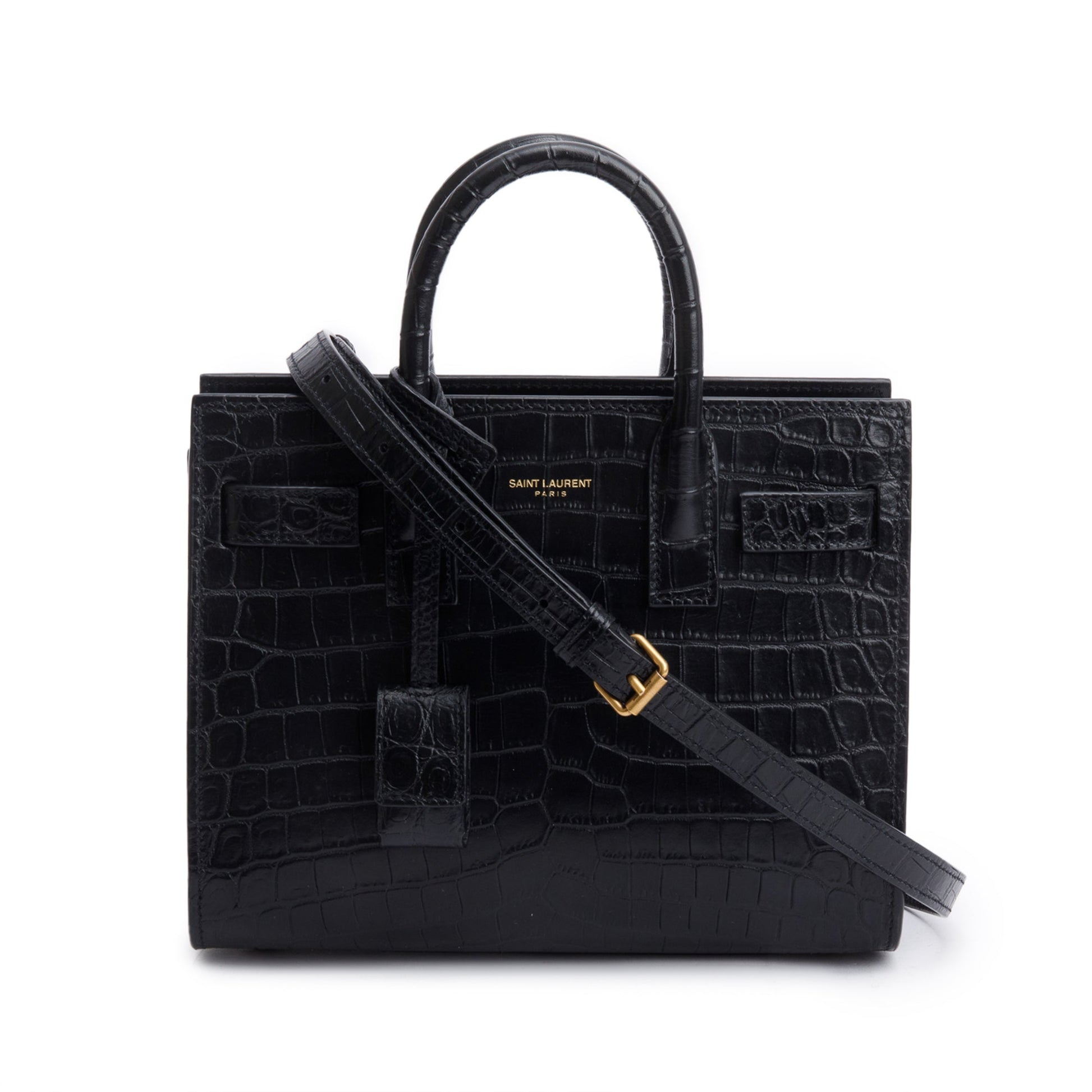 YSL Saint Laurent Crocodile Embossed Nano Sac De Jour Travel Leather Black Travel Bag