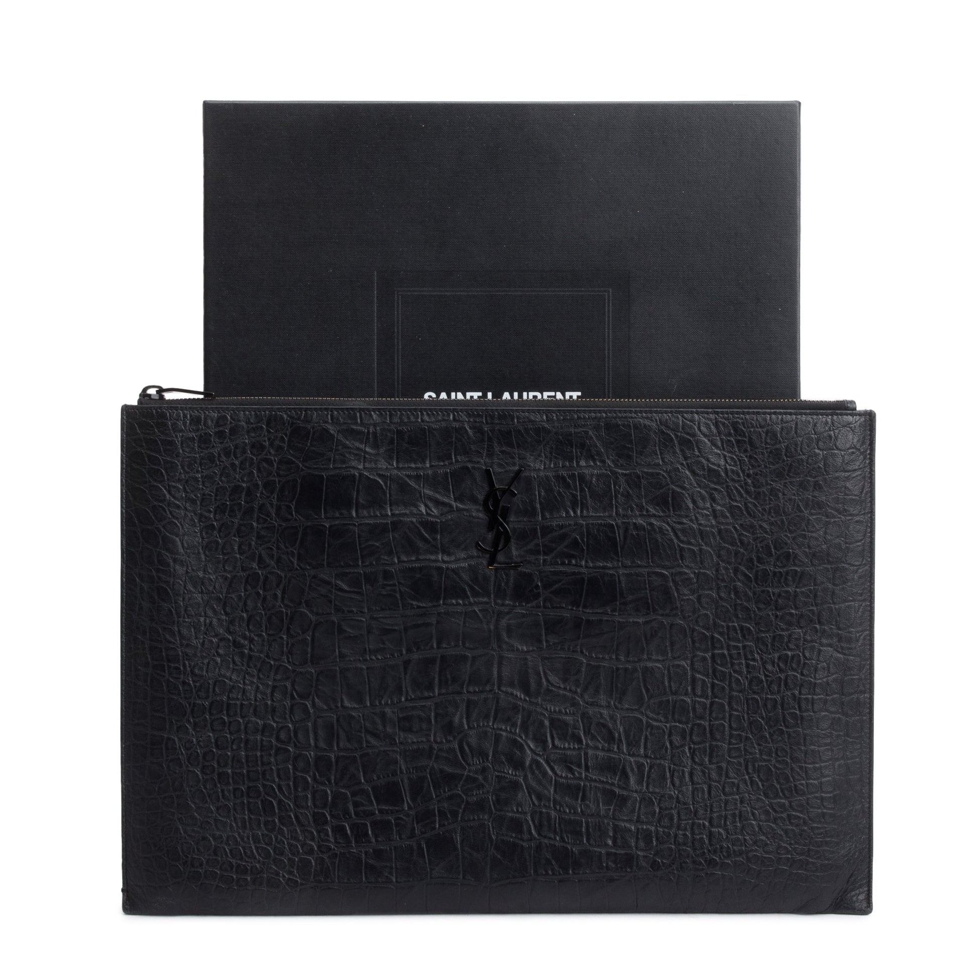 YSL Saint Laurent Crocodile Embossed Document Holder Travel Bag Monogram Black