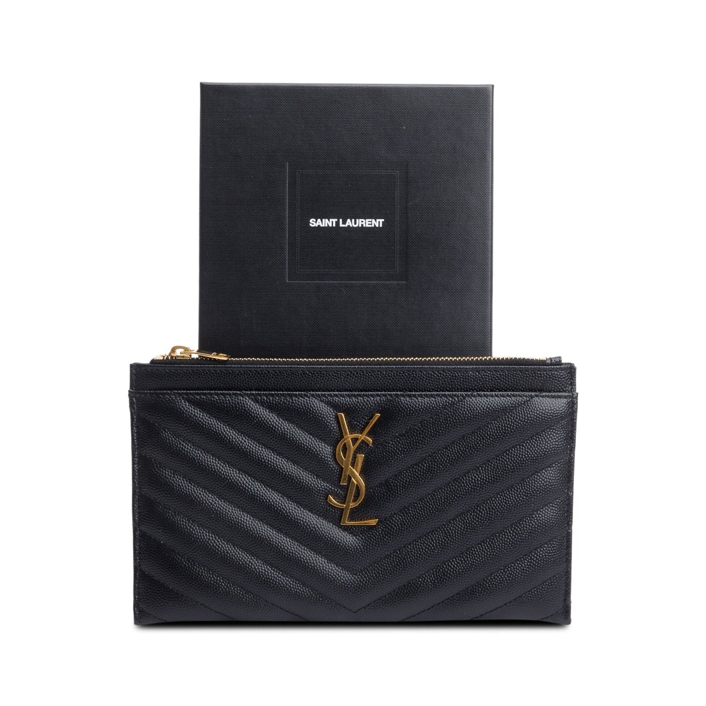YSL Saint Laurent Grain De Poudre Embossed Cassandre Zipped Pouch Leather Matelasse Travel Bag