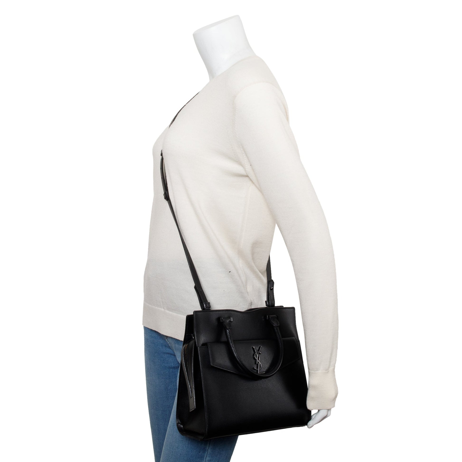 YSL Saint Laurent Grain De Poudre Uptown Tote Leather Black Tote Bag