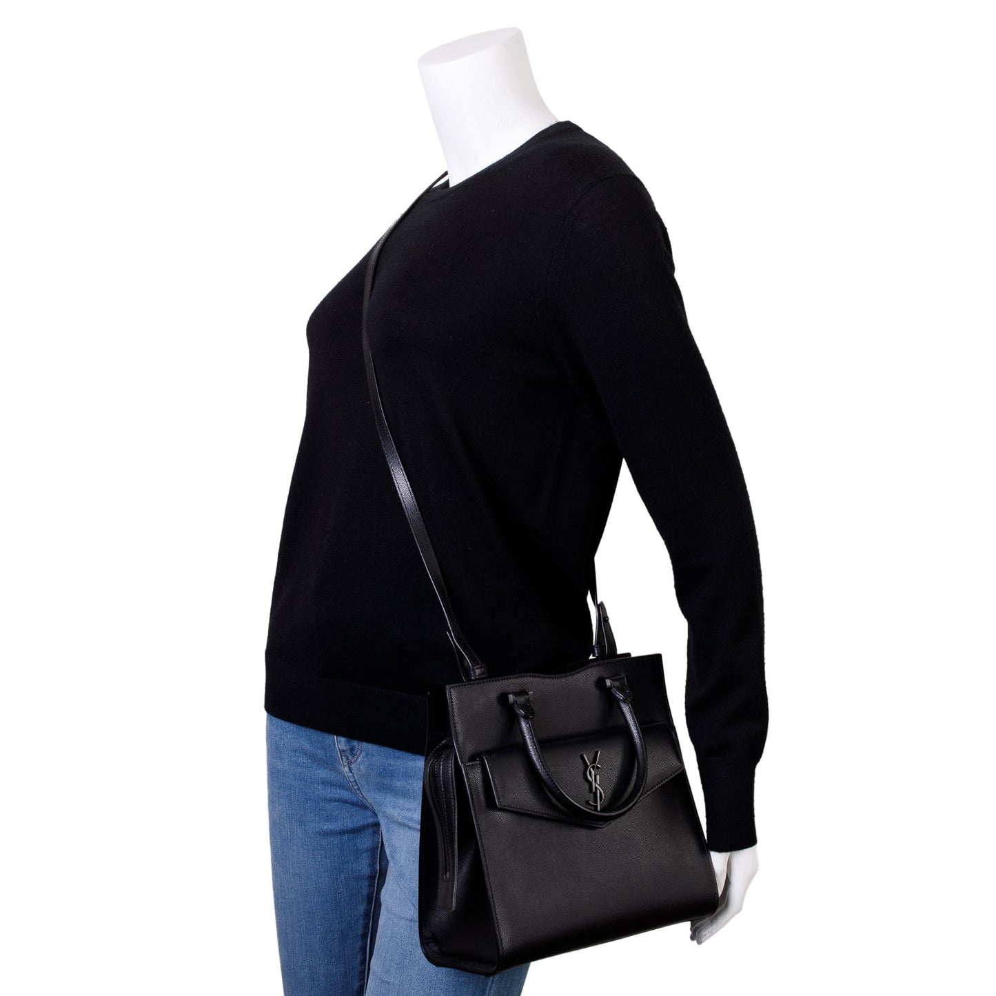 YSL Saint Laurent Grain De Poudre Uptown Tote With Pouch Leather Black Tote Bag