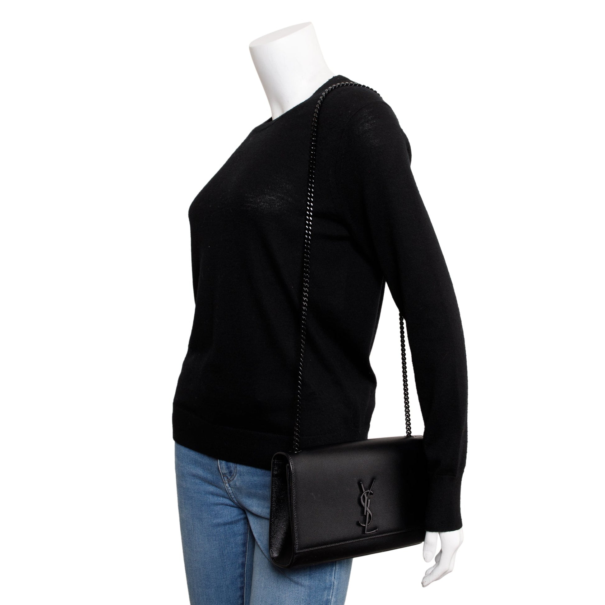 YSL Saint Laurent Grained De Poudre Kate Bag Leather Black Travel Bag
