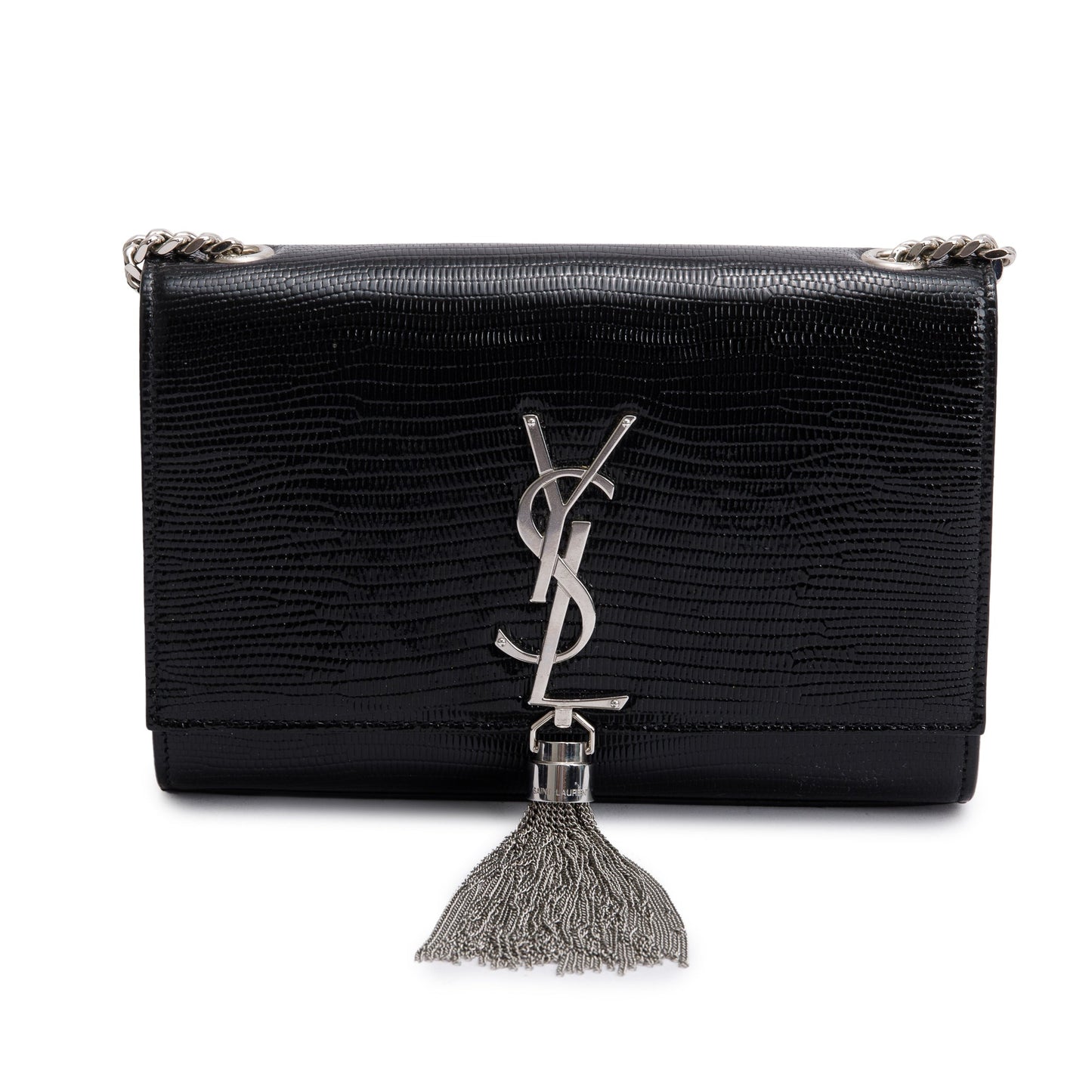 YSL Saint Laurent Lizard Embossed Kate Tassel Bag Leather Black Travel Bag