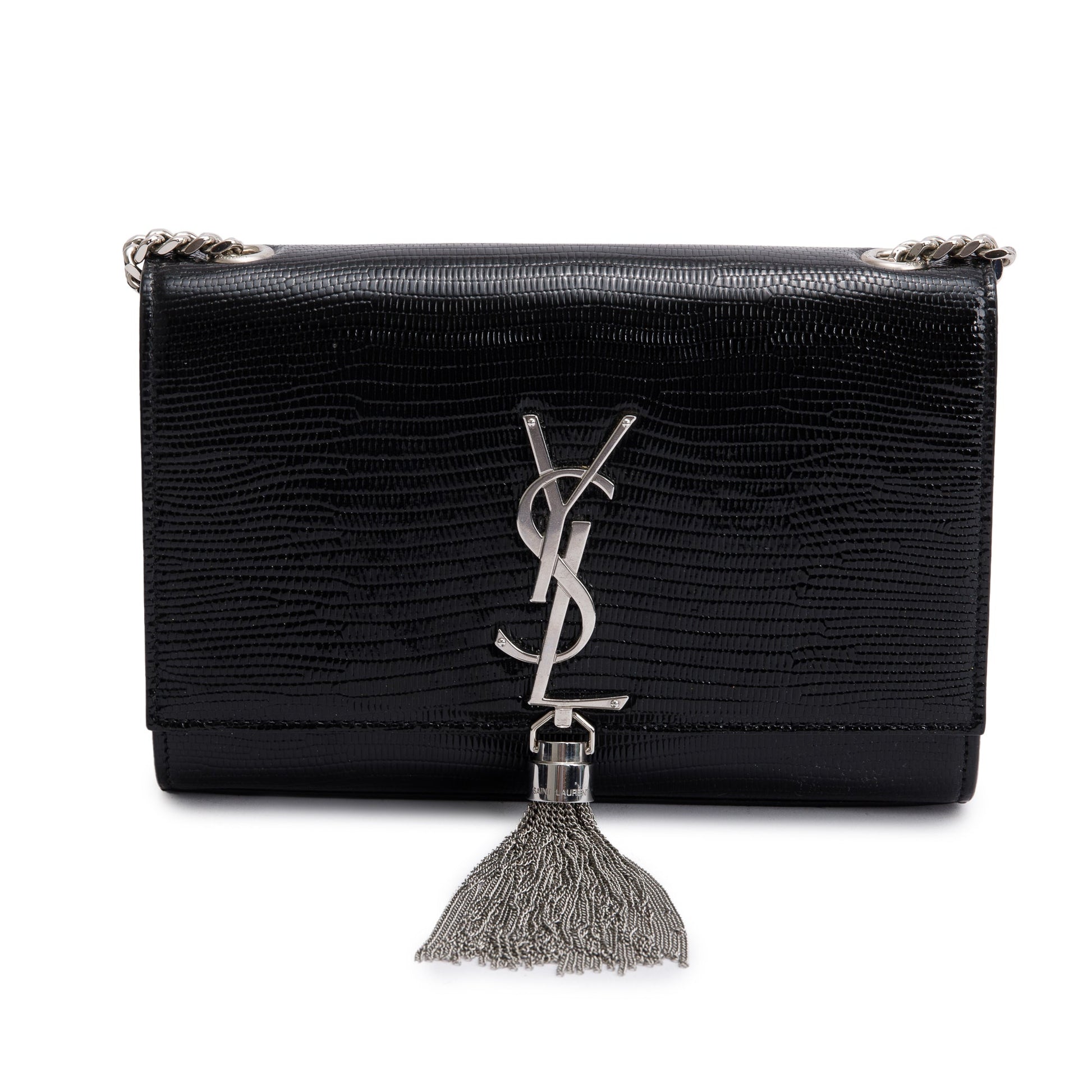 YSL Saint Laurent Lizard Embossed Kate Tassel Bag Leather Black Travel Bag
