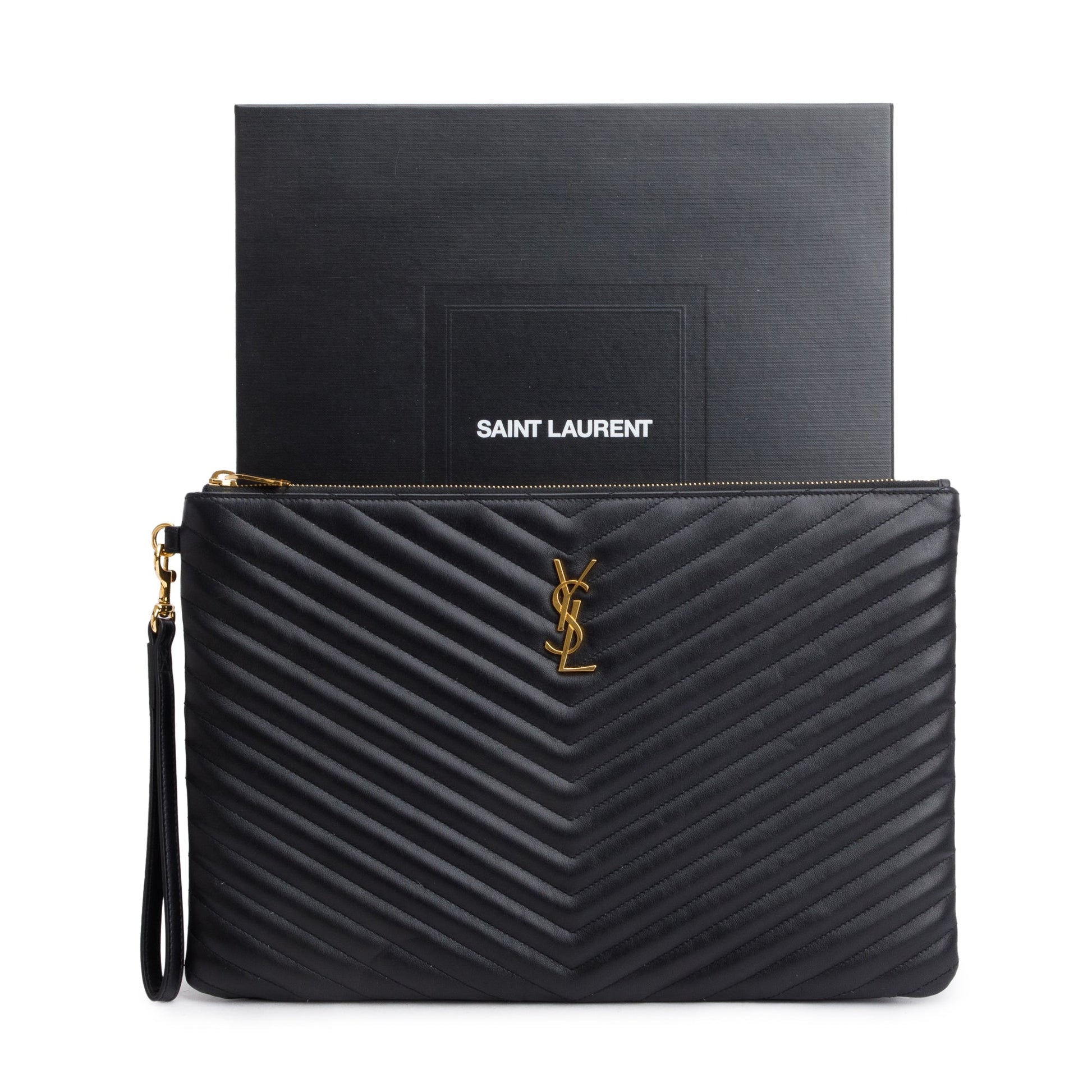 YSL Saint Laurent Large Document Pouch Travel Bag Leather Matelasse