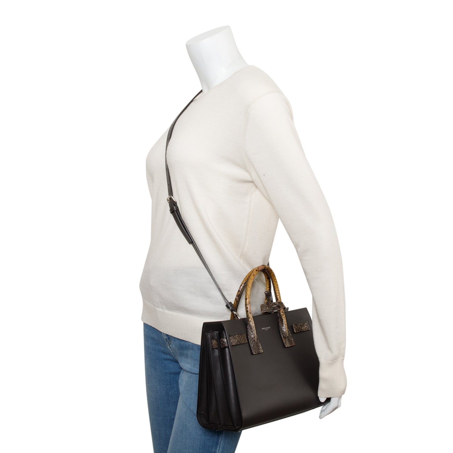 YSL Saint Laurent Grained Python Trim Baby Sac De Jour Leather Brown Travel Bag