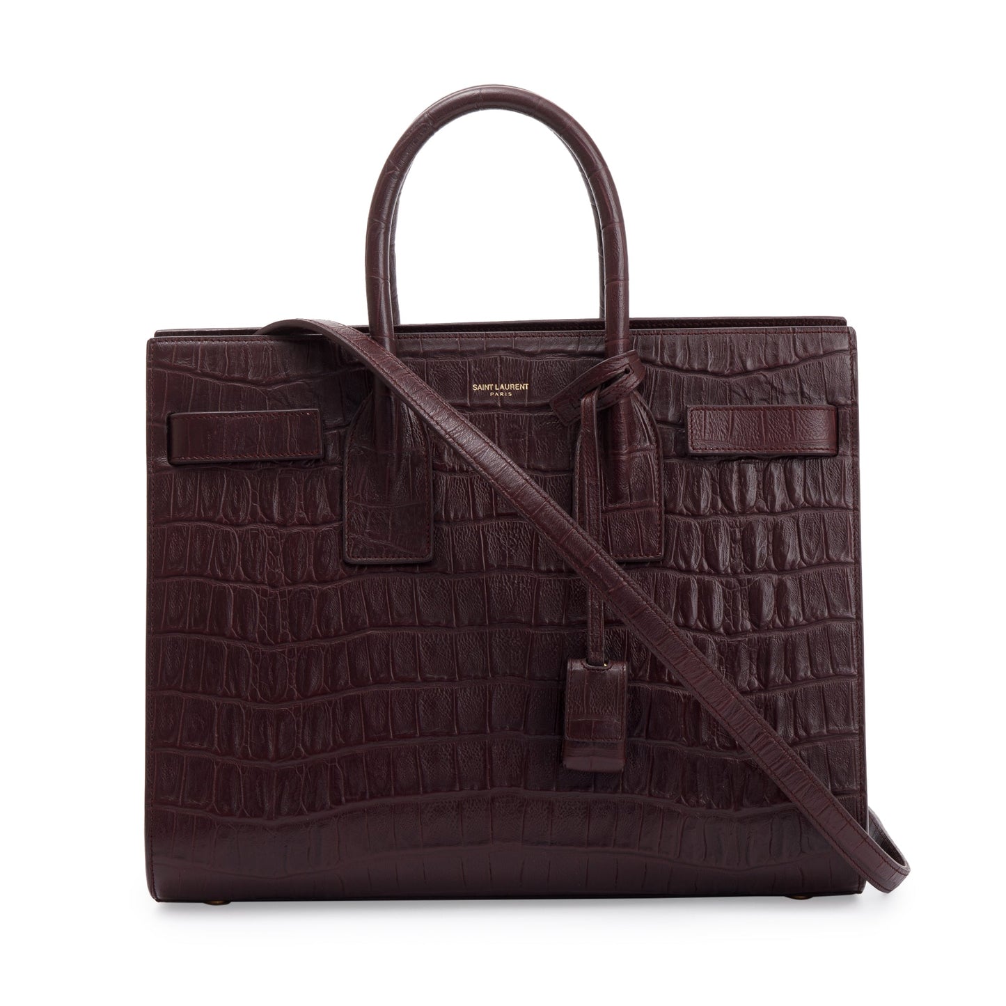 YSL Saint Laurent Burgundy Crocodile Embossed Calfskin Sac De Jour Small Travel Bag