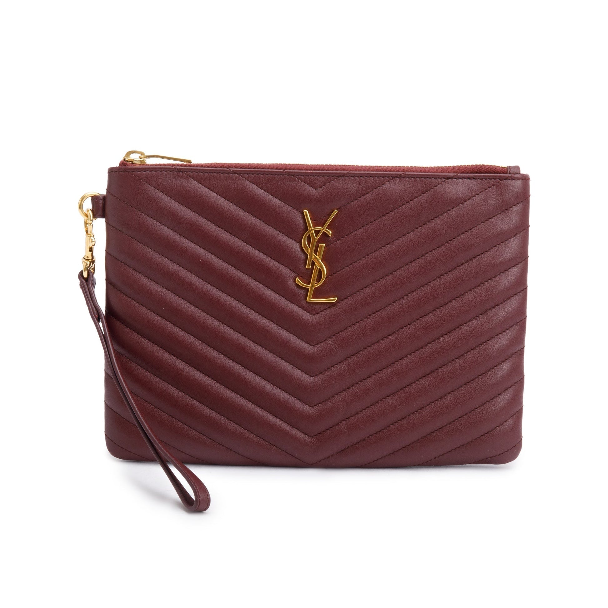 YSL Saint Laurent Burgundy Cassandre Pouch Travel Bag Leather Matelasse