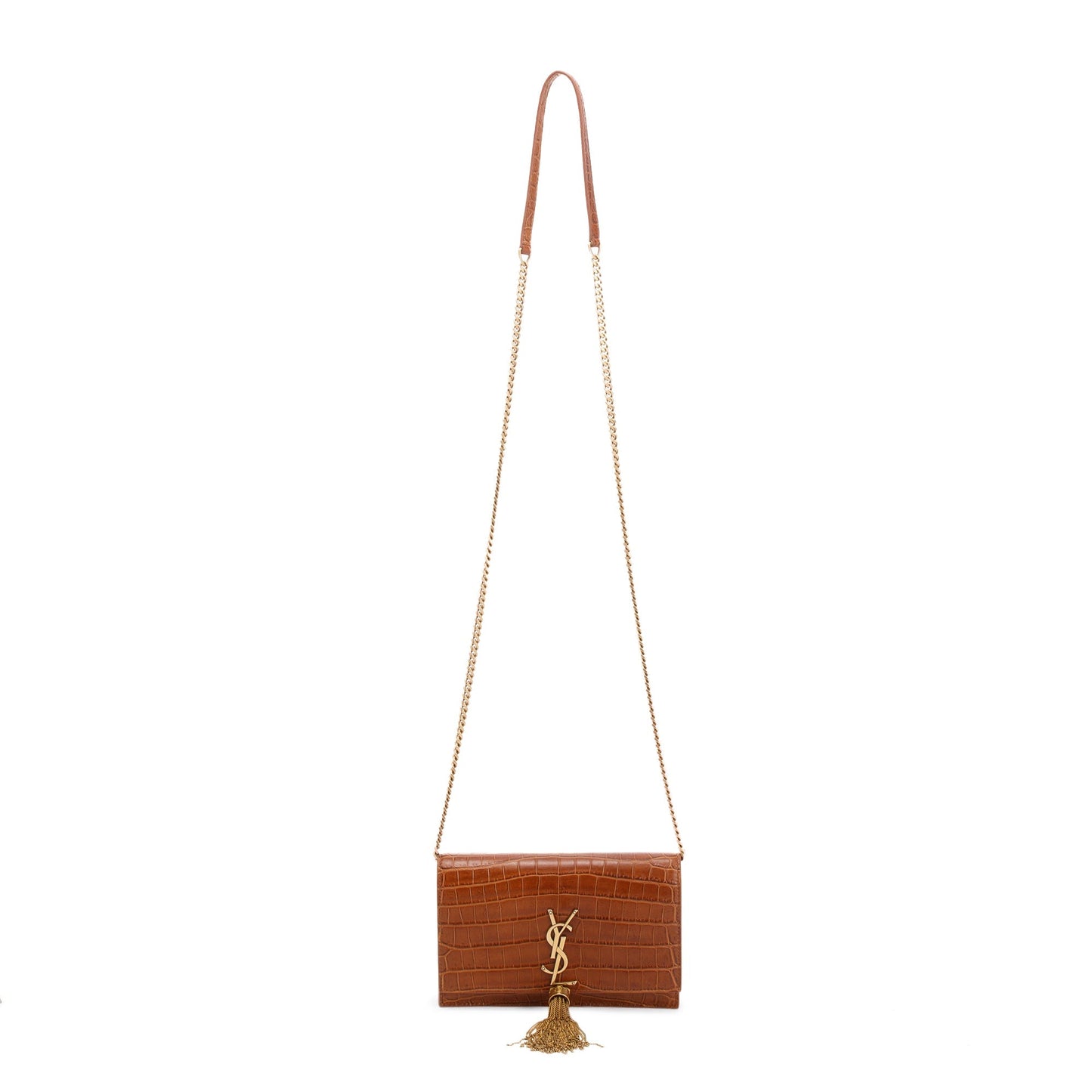 YSL Saint Laurent Croc Embossed Kate Tassel Wallet On Crossbody Chain Crossbody Bag