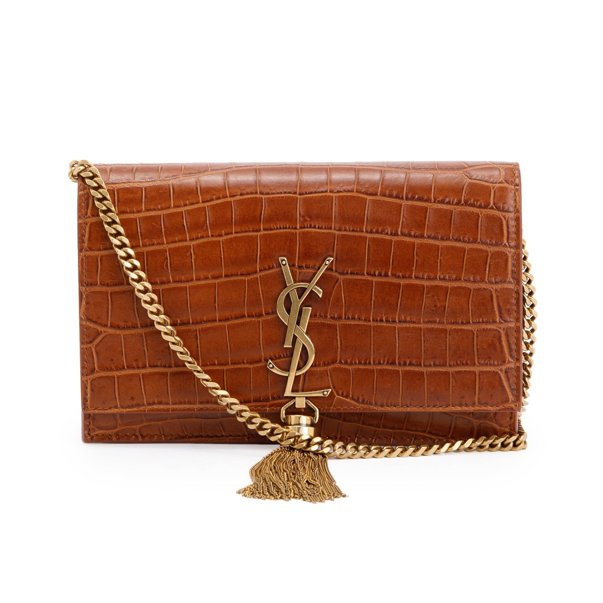 YSL Saint Laurent Croc Embossed Kate Tassel Wallet On Crossbody Chain Crossbody Bag