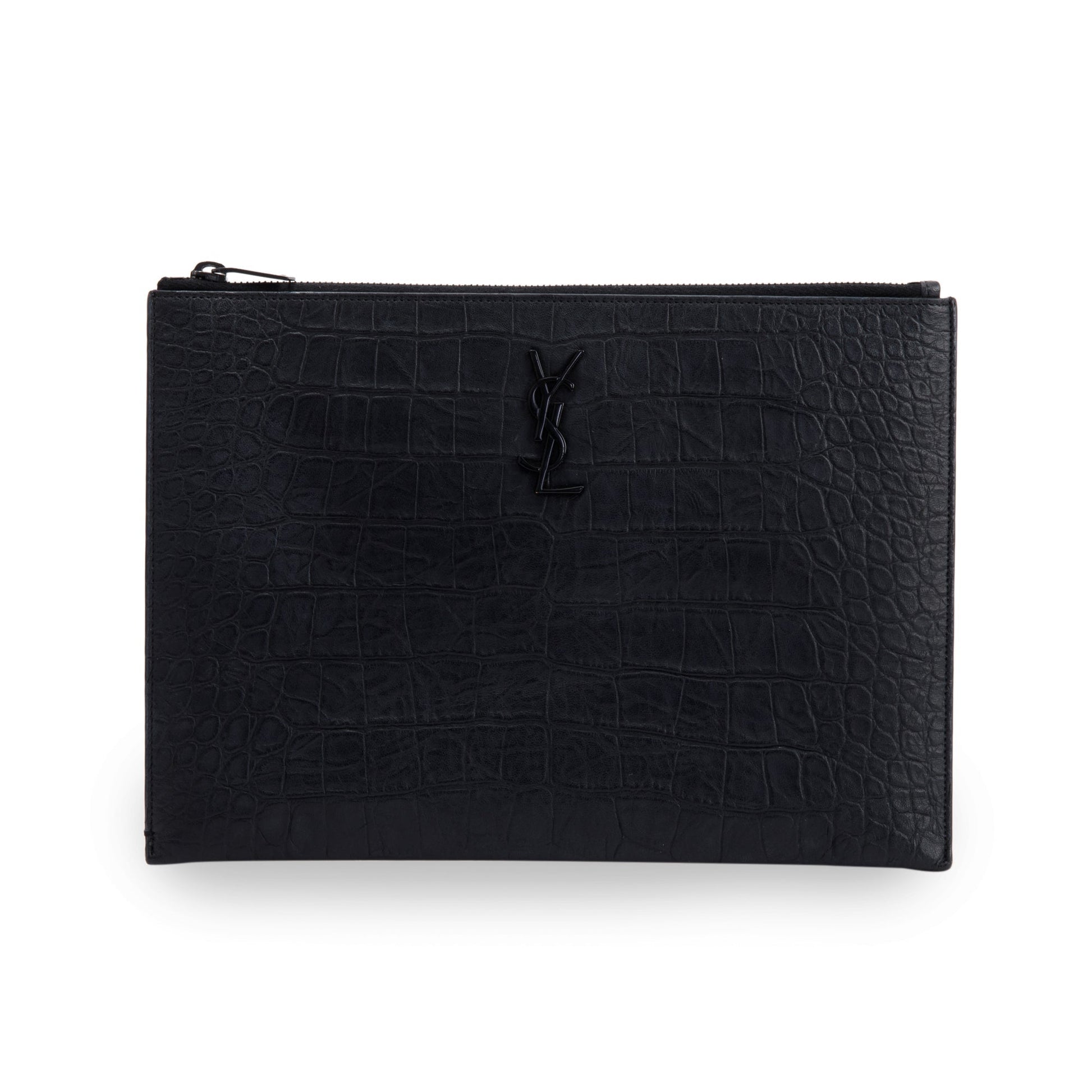 YSL Saint Laurent Croc Embossed Zip Pouch Travel Bag Monogram