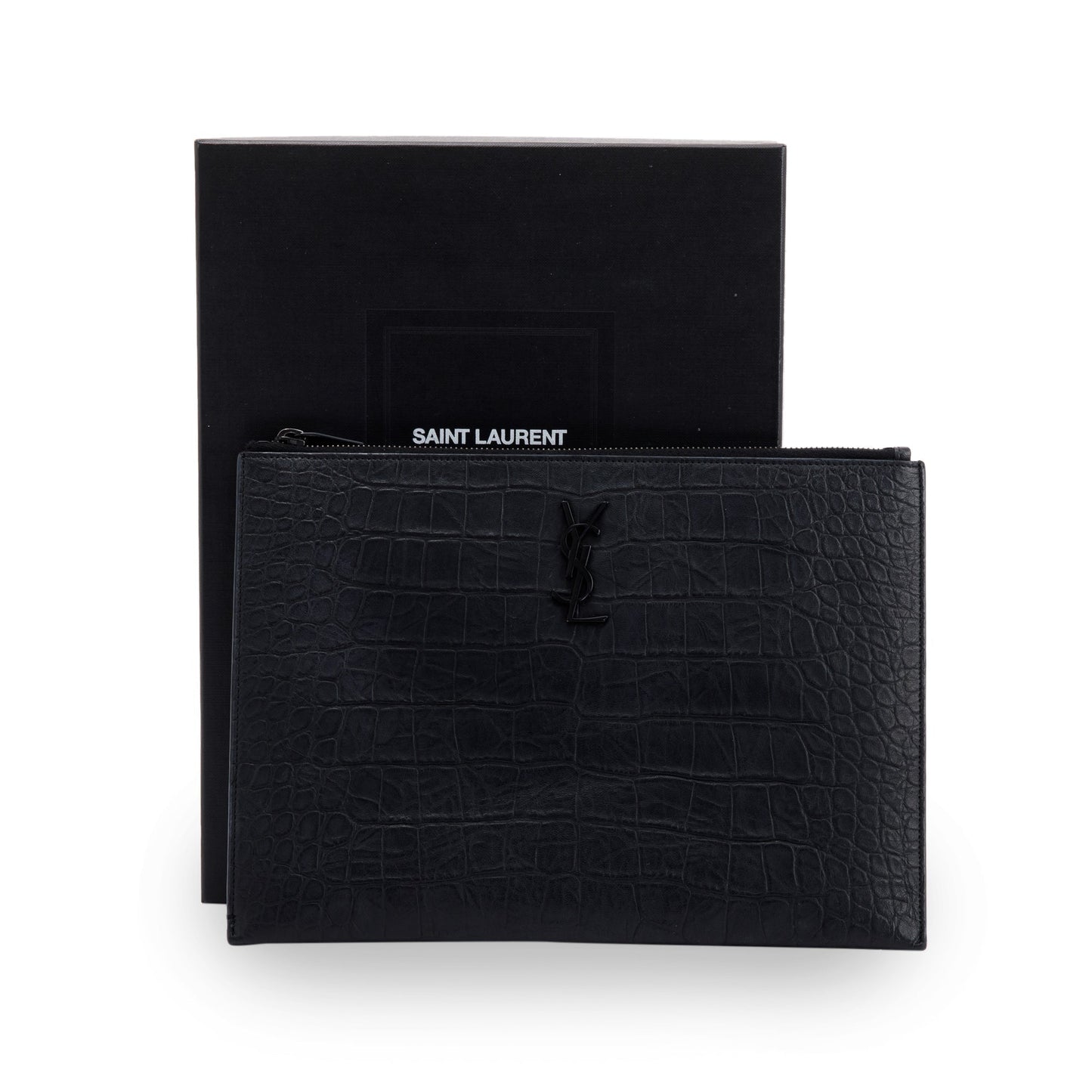 YSL Saint Laurent Croc Embossed Zip Pouch Travel Bag Monogram