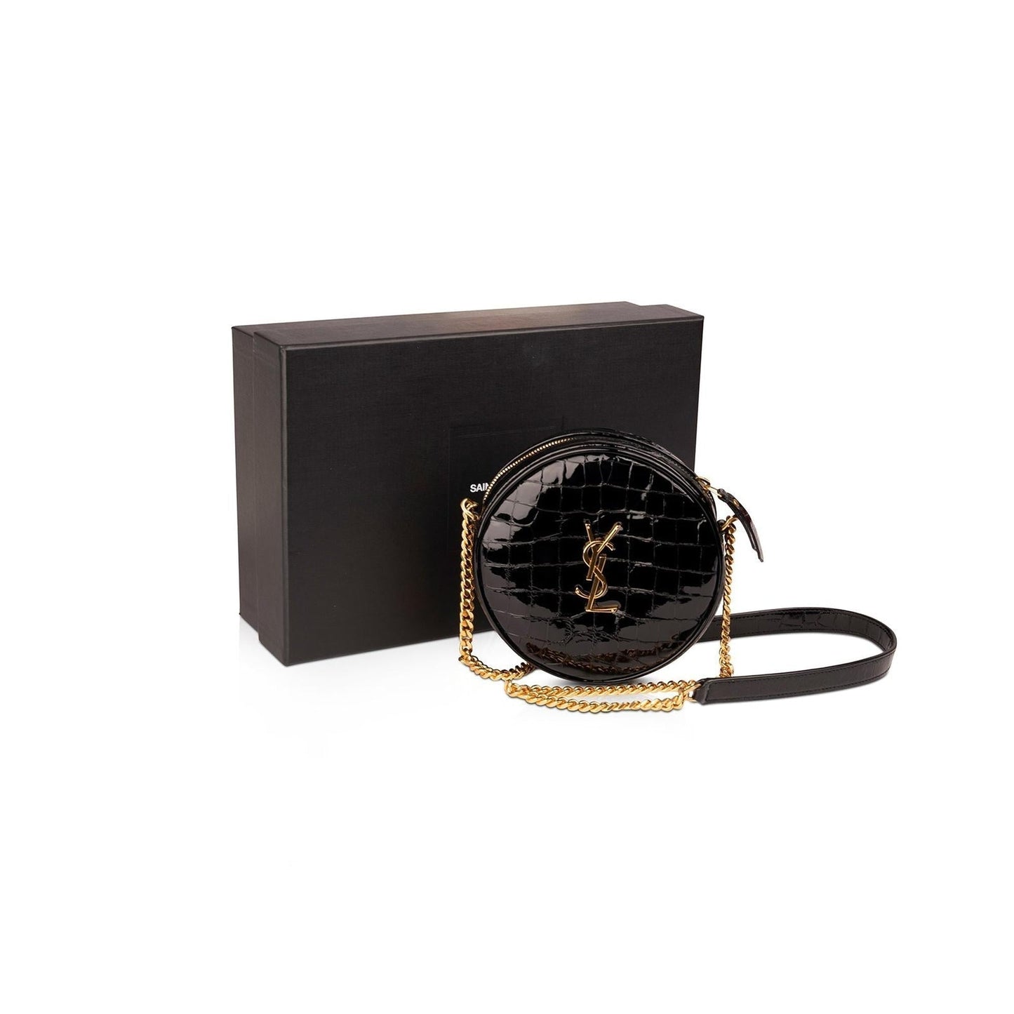 YSL Saint Laurent Croc Embossed Patent Round Camera Bag Leather Monogram Crossbody Bag