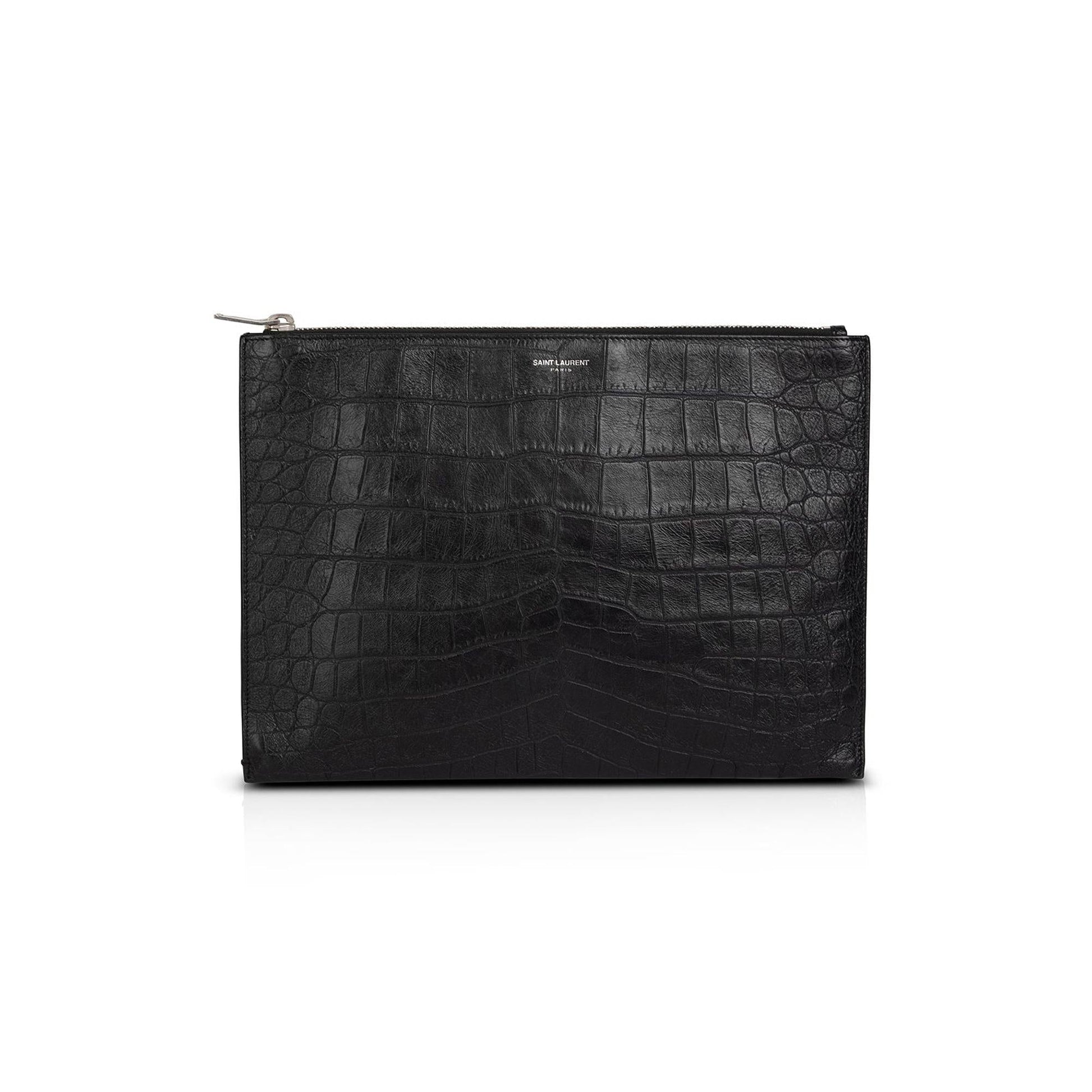 YSL Saint Laurent Crocodile Embossed Zip Tablet Holder Travel Bag