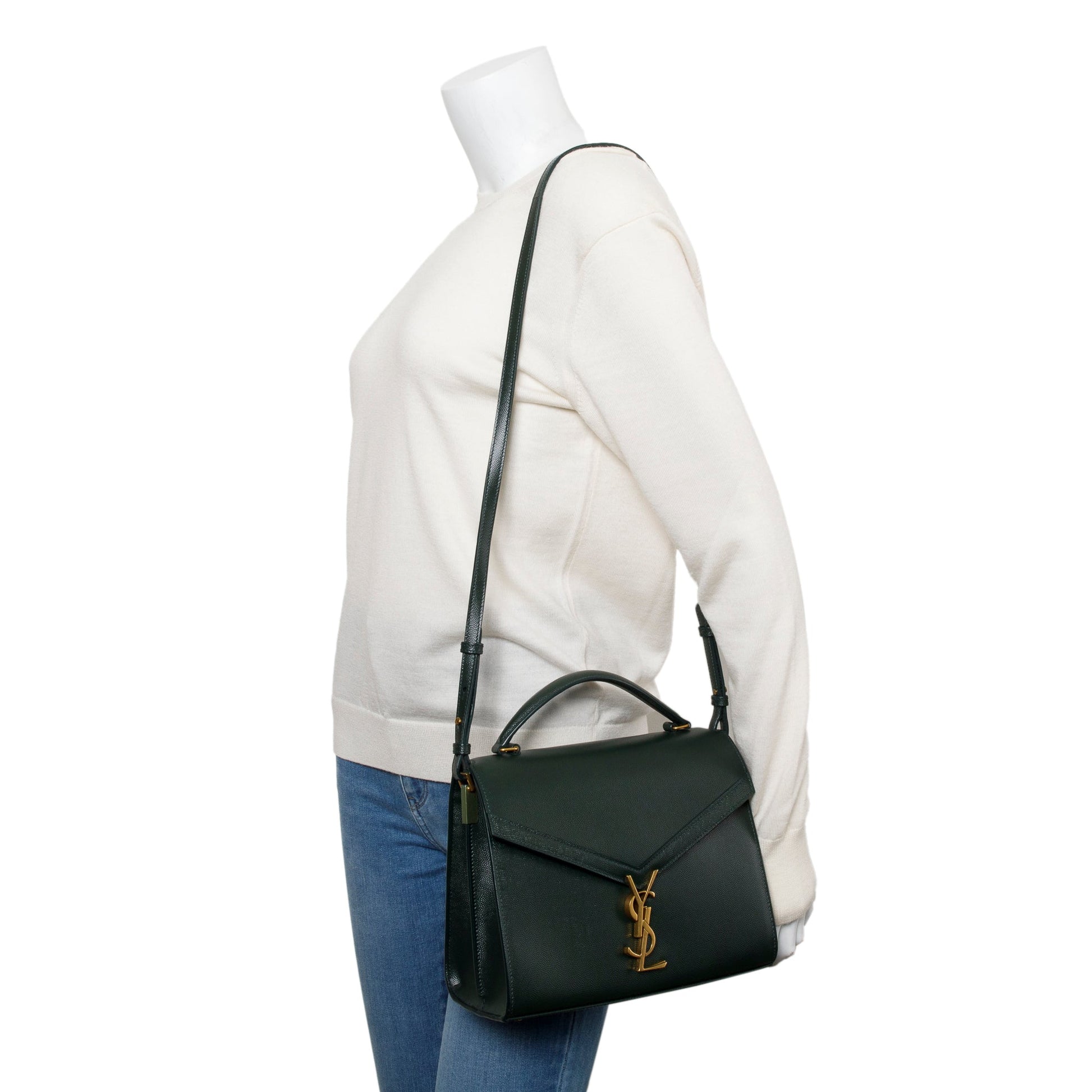 YSL Saint Laurent Grain De Poudre Cassandra Top Handle Bag Leather Green Travel Bag