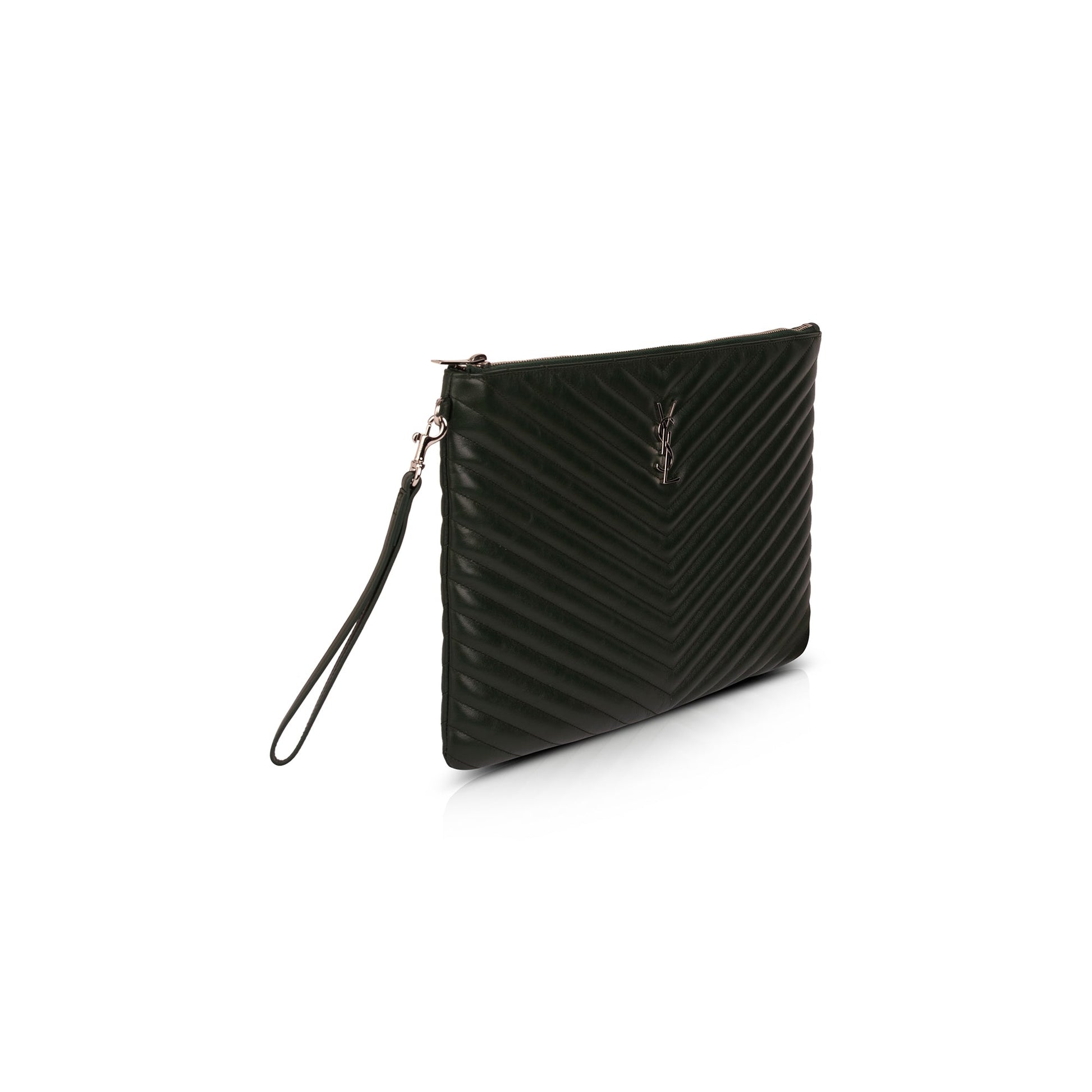 YSL Saint Laurent Document Holder Travel Bag Matelasse Green