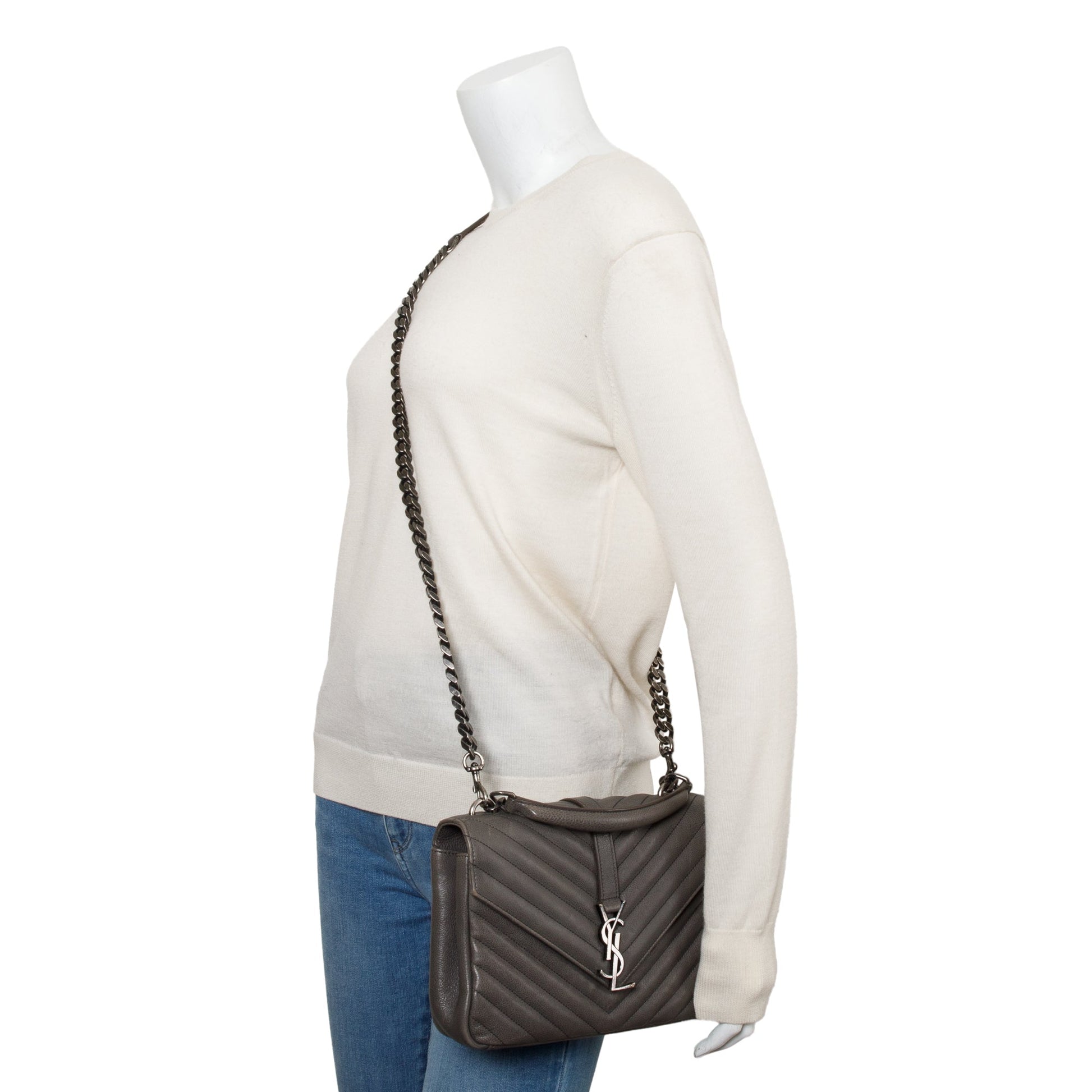YSL Saint Laurent Grey Chevron College Bag Leather Medium Travel Bag