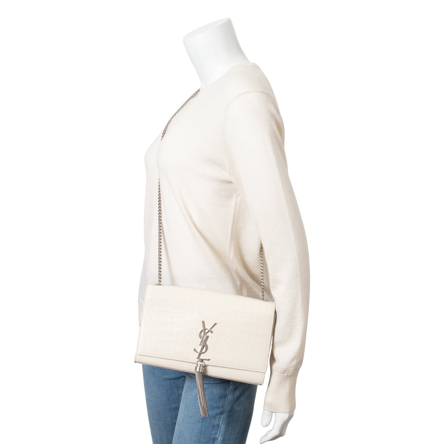 YSL Saint Laurent Ivory Crocodile Embossed Classic Kate Tassel Chain Leather Monogram Travel Bag