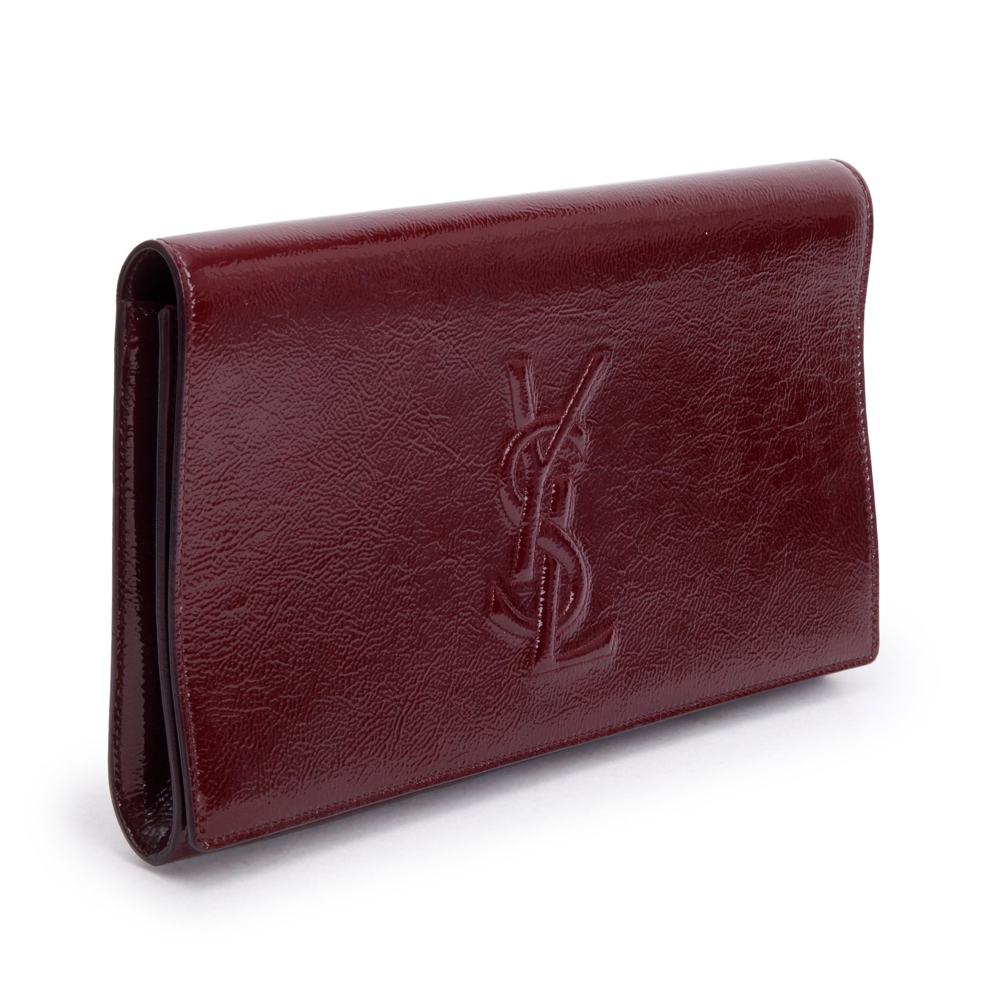 YSL Saint Laurent Burgundy Patent Belle De Jour Clutch Leather Large Clutch Bag