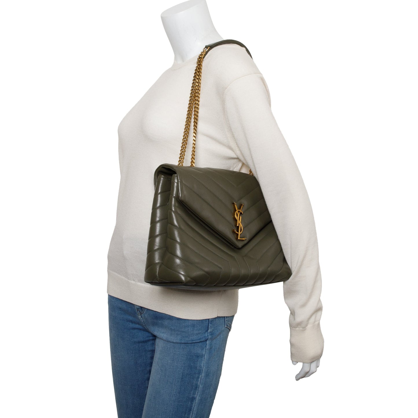 YSL Saint Laurent Olive Green Medium Loulou Shoulder Bag Leather Quilted