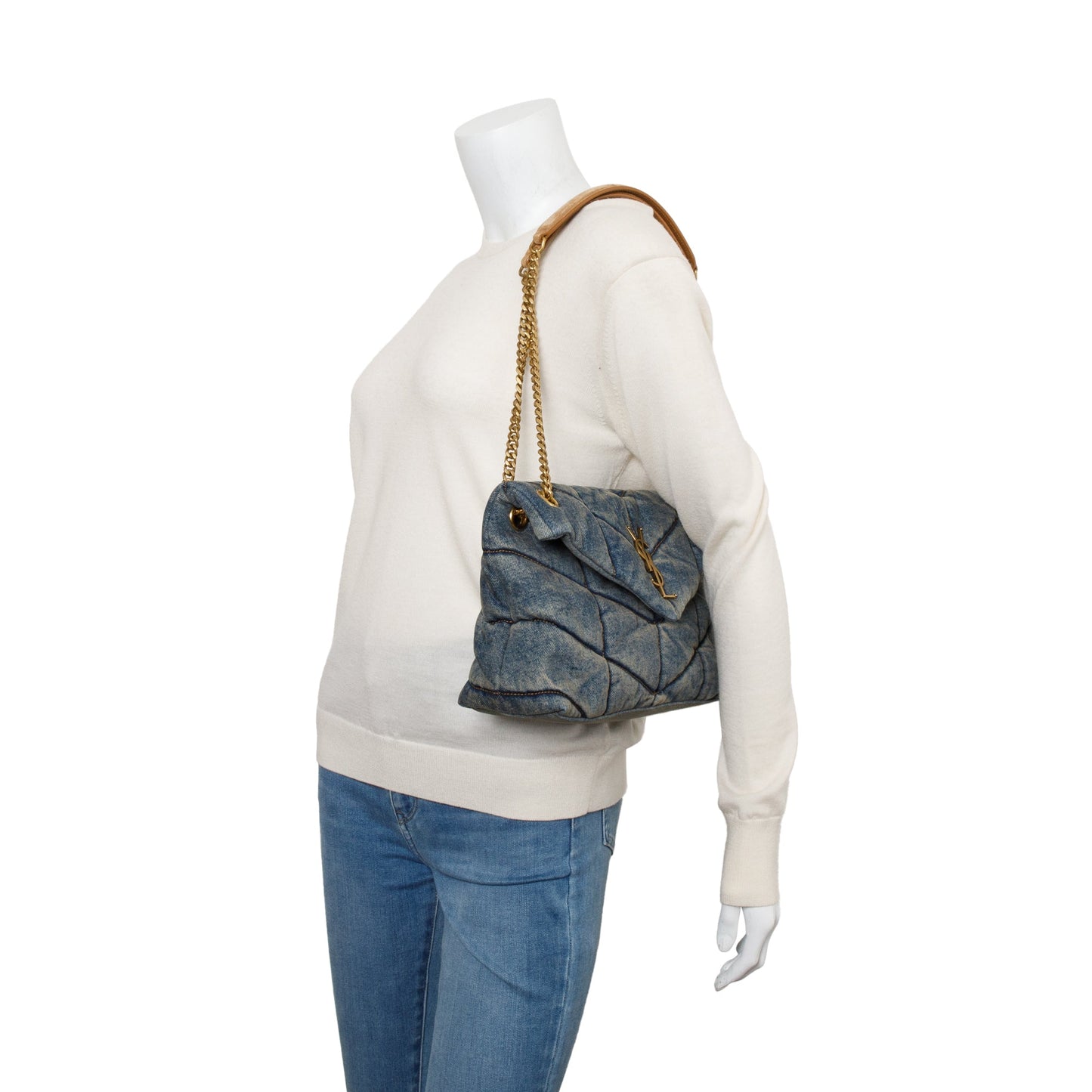 YSL Saint Laurent Blue Small Loulou Puffer Chain Satchel Denim Quilted Travel Bag