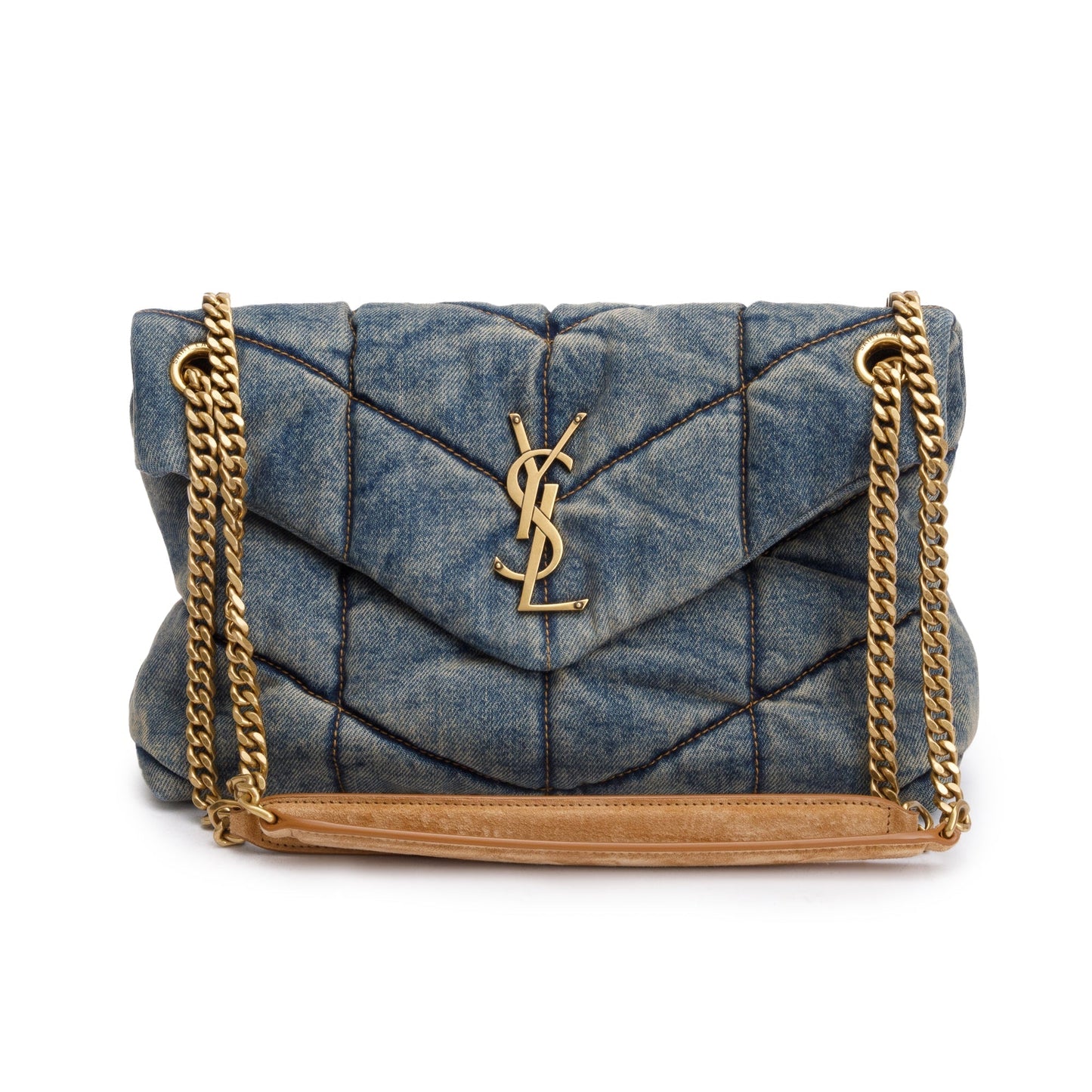 YSL Saint Laurent Blue Small Loulou Puffer Chain Satchel Denim Quilted Travel Bag