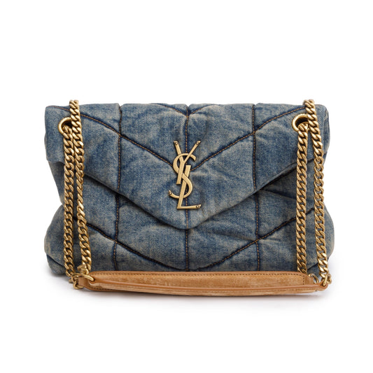 YSL Saint Laurent Blue Small Loulou Puffer Chain Satchel Denim Quilted Travel Bag