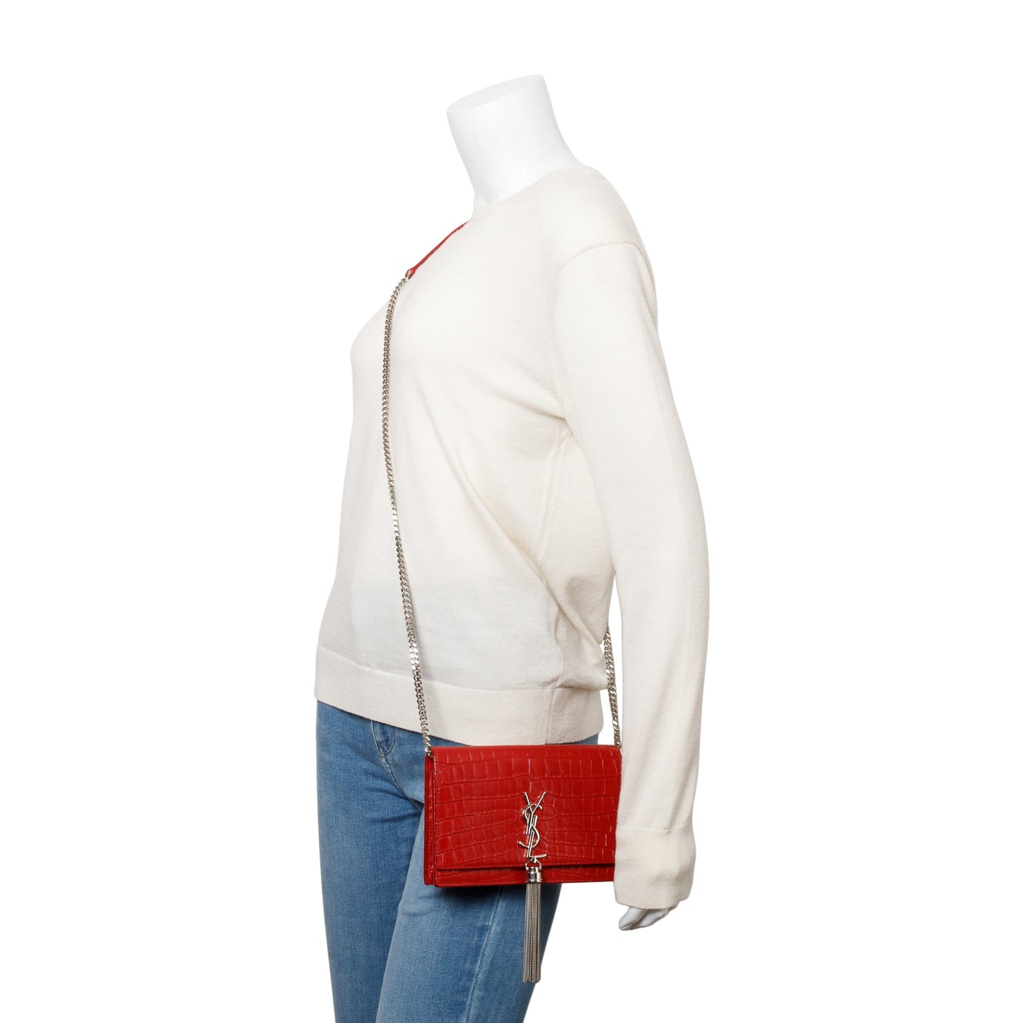 YSL Saint Laurent Croc Embossed Kate Tassel Wallet On Crossbody Leather Red Crossbody Bag