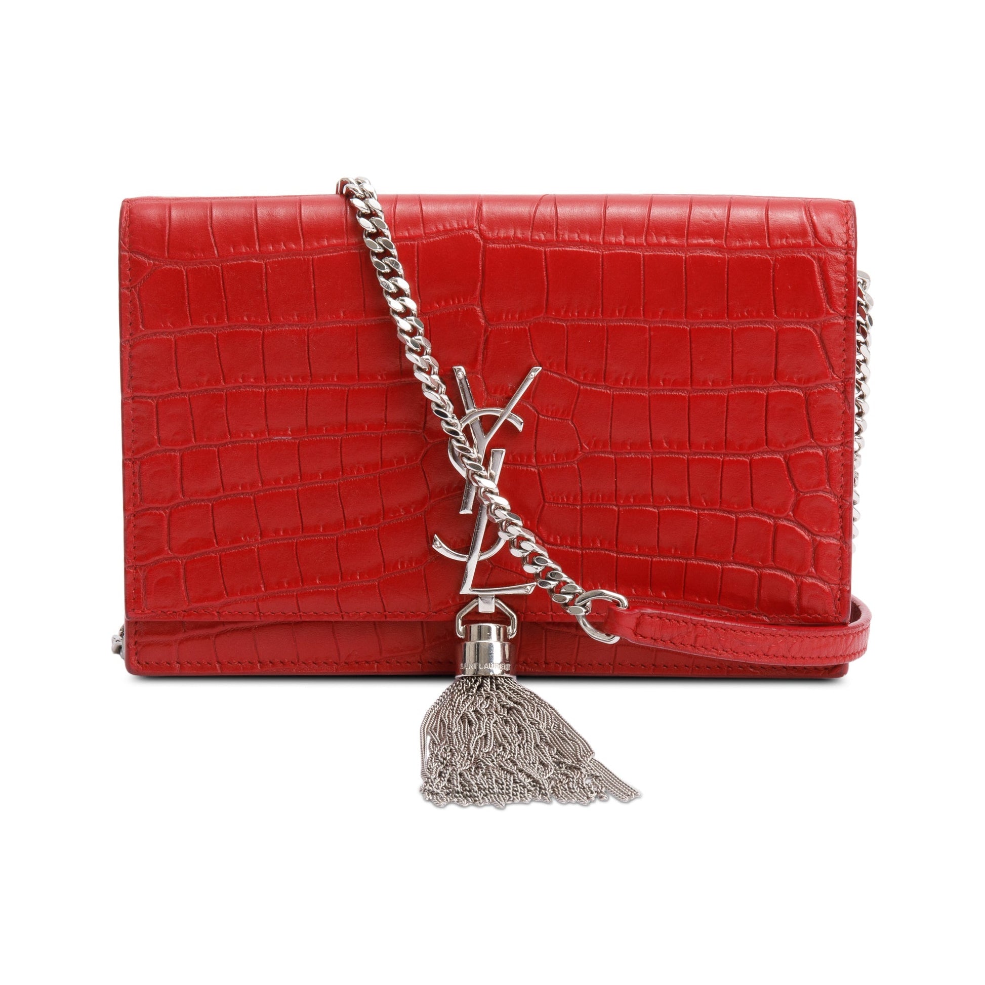 YSL Saint Laurent Croc Embossed Kate Tassel Wallet On Crossbody Leather Red Crossbody Bag