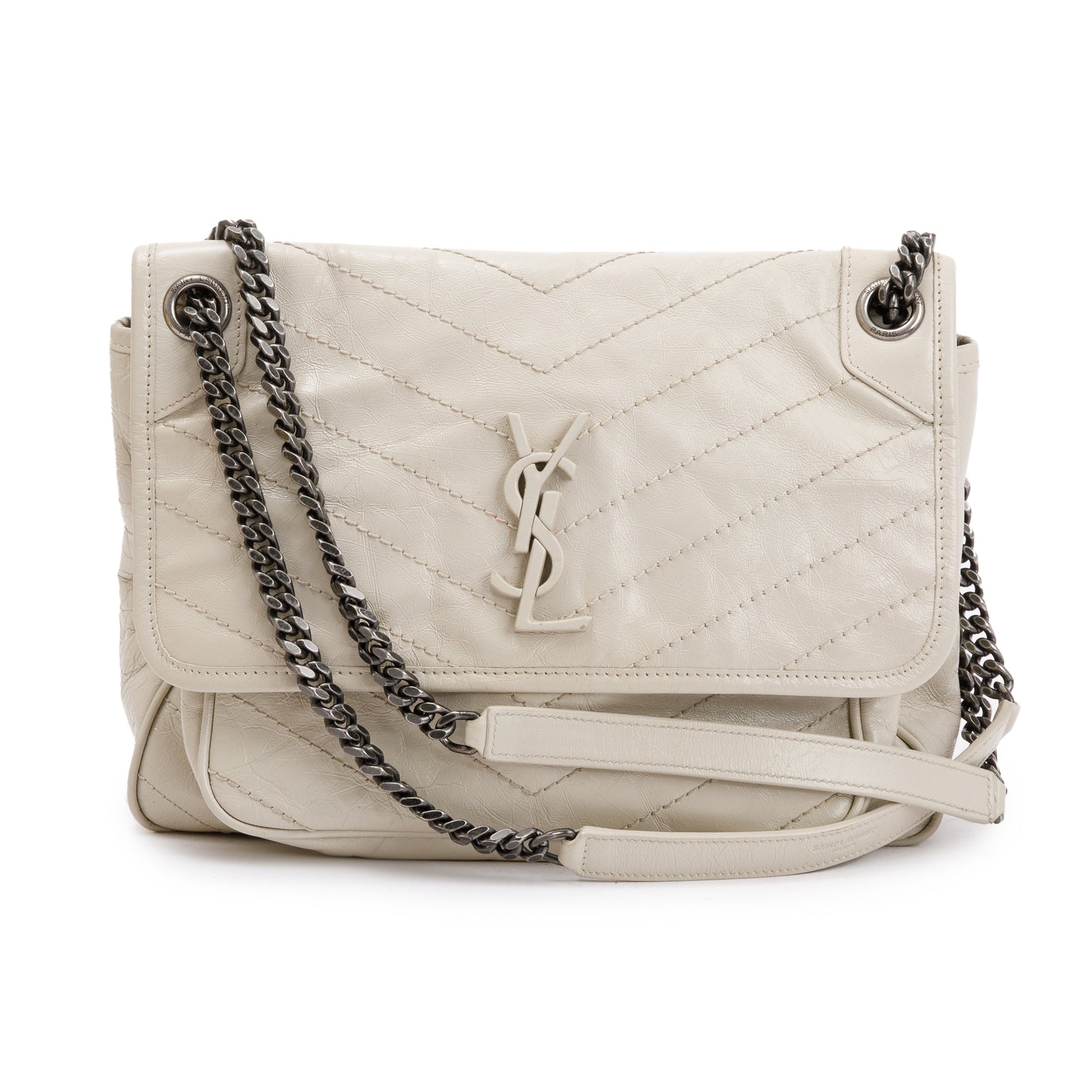 YSL Saint Laurent Crinkled Calfskin Niki Shoulder Bag Leather White