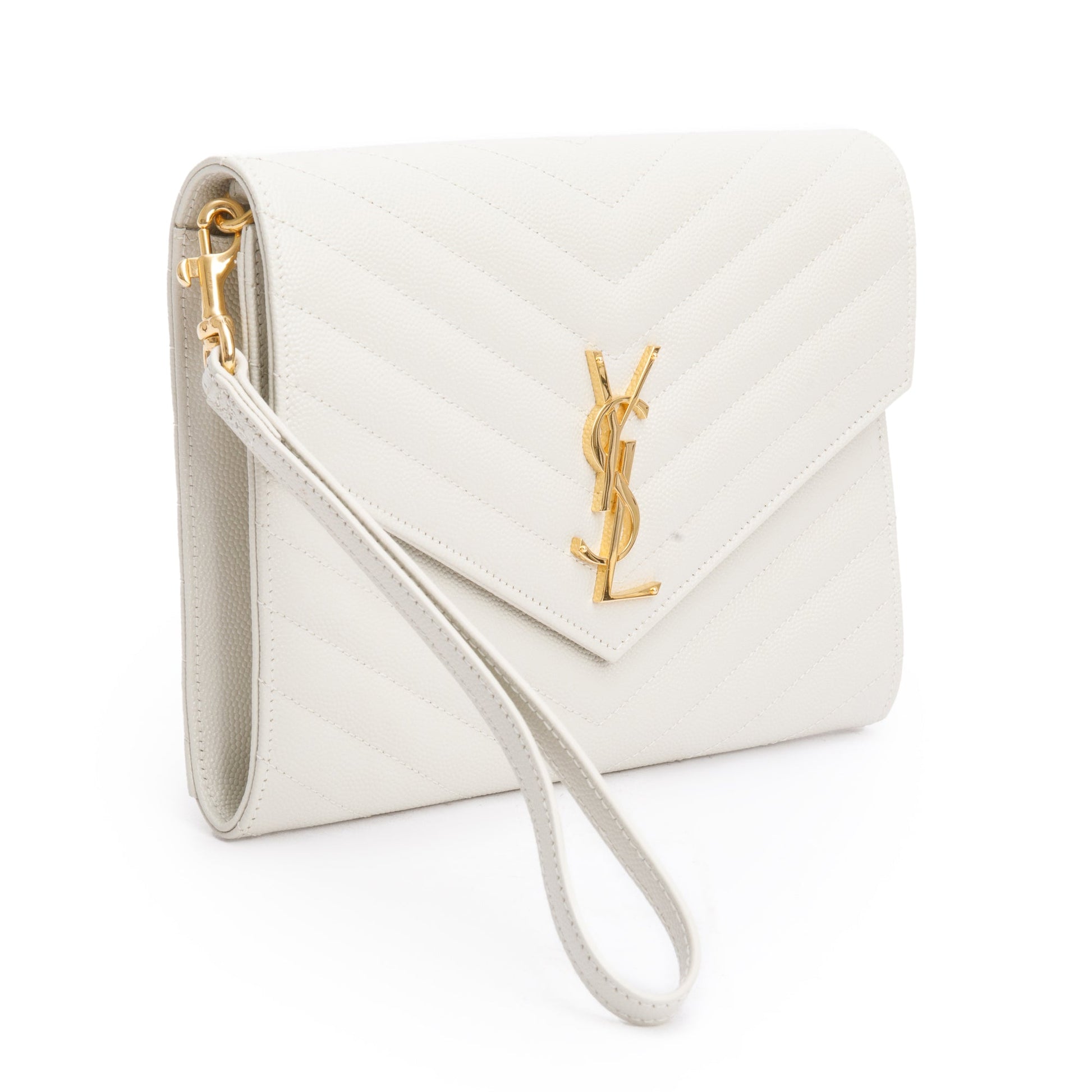 YSL Saint Laurent Grain De Poudre Cassandre Flap Wristlet Pouch Leather Matelasse Travel Bag