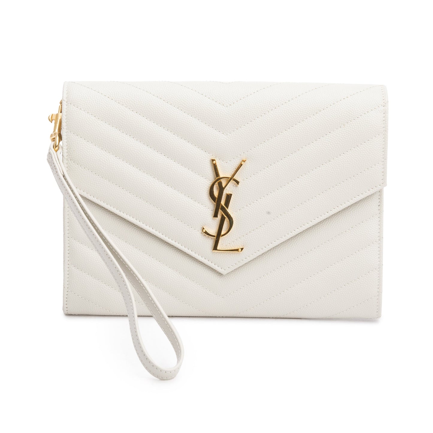 YSL Saint Laurent Grain De Poudre Cassandre Flap Wristlet Pouch Leather Matelasse Travel Bag