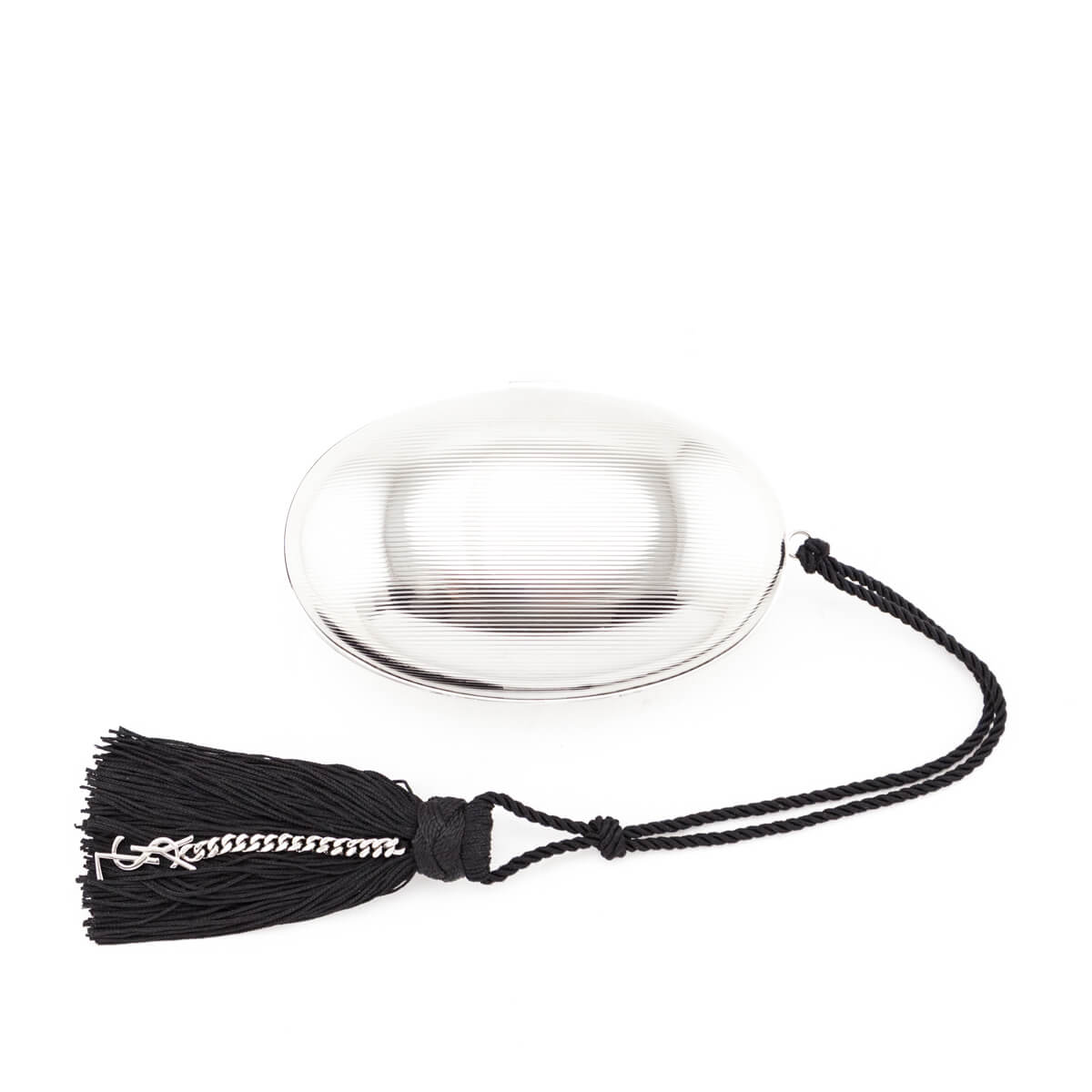 YSL Saint Laurent Trending Brass Oval Minaudiere Travel Bag Silver Logo