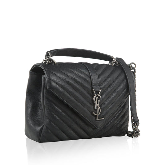 YSL Saint Laurent Coll Ge Crossbody Bag Medium Grained Leather Ruthenium